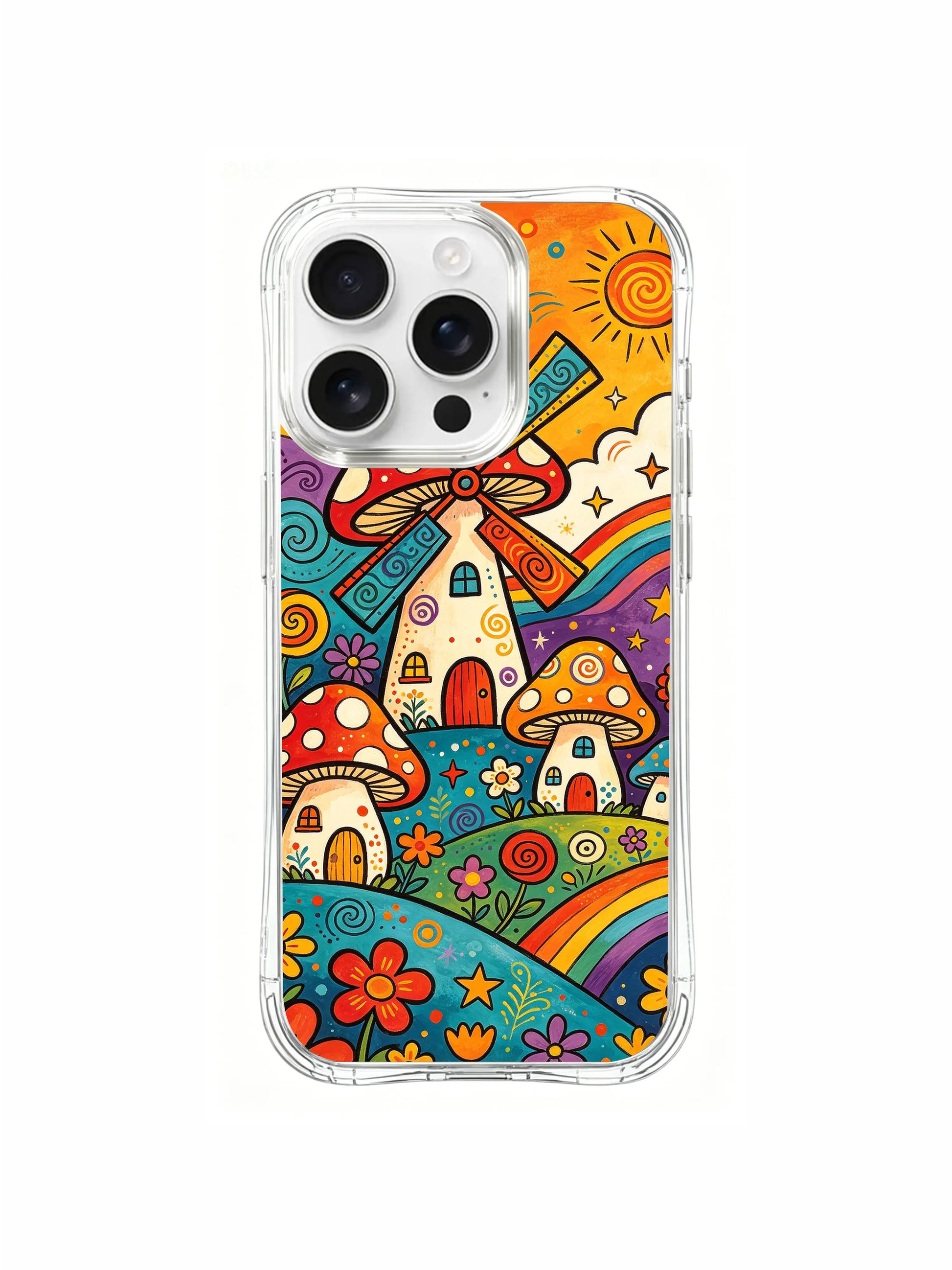 PhoneCasing iPhone 16 pro max Case, floral-focused fine art casing with vivid orange daisy cluster at bottom left, meandering iridescent rainbow slope leading to lined-up spotted mushroom cottages with windmill roof accents, gifting-ready boho art iPhone 16 pro max casing.