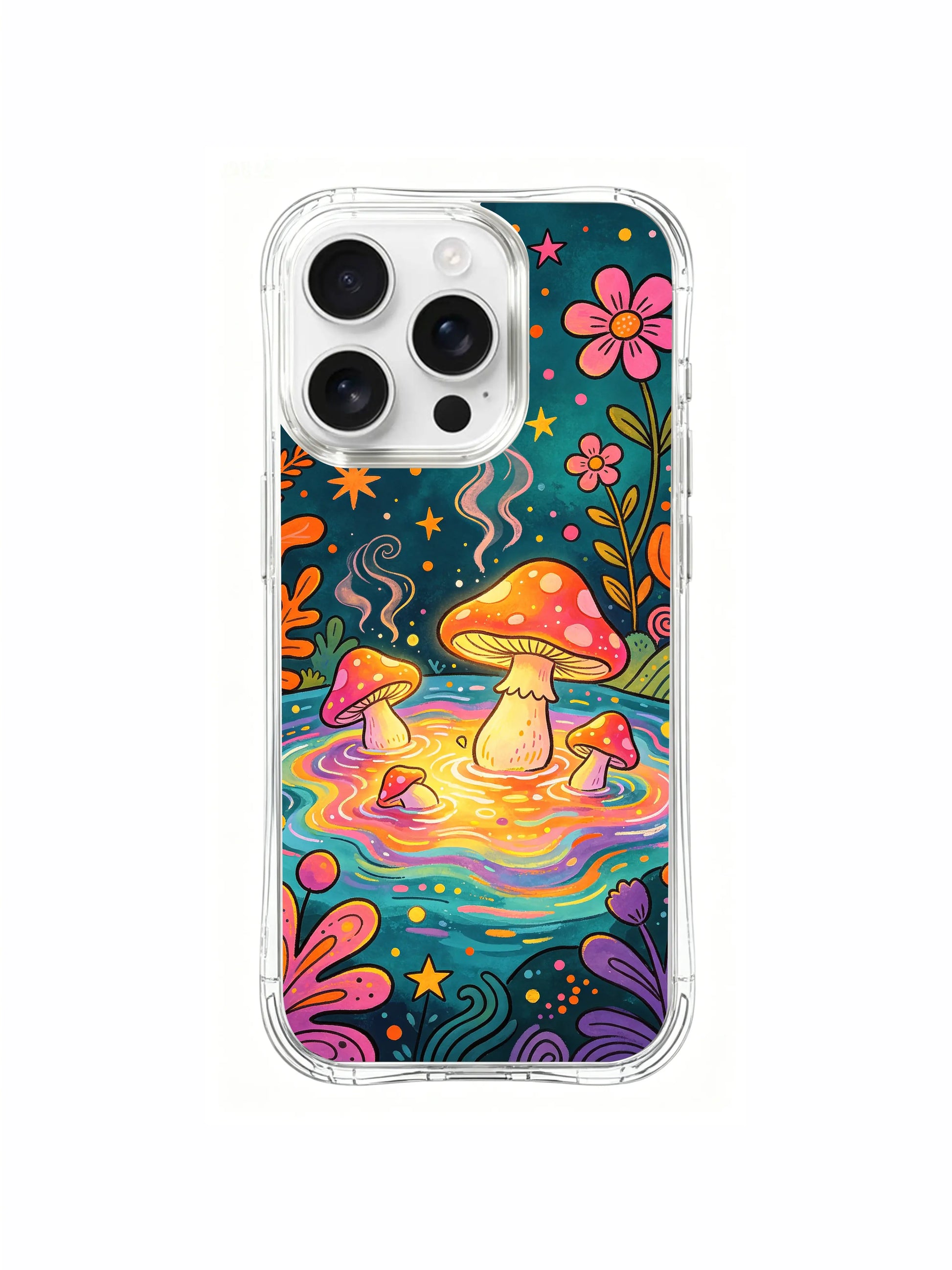 PhoneCasing iPhone 16 pro max Case, floral-focused fine art casing with vivid orange daisy cluster at bottom left alongside curving iridescent hot spring lined with glowing spotted fungi, gift-ready boho art iPhone 16 pro max casing.