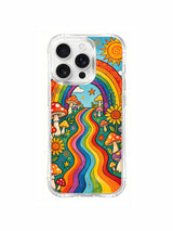 PhoneCasing iPhone 16 pro max Case, floral-focused fine art casing with dense warm orange sunflower grouping settled at bottom left beside gradient wavy grass hillside leading toward rainbow arch gate, ideal gift-ready boho art iPhone 16 pro max casing.