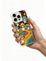 PhoneCasing iPhone 16 pro max Case, whimsical gallery-grade casing with dense mixed daisy shrubbery growing along bottom edge next to frolicking folk-style mushrooms, original licensed artwork locally crafted in California