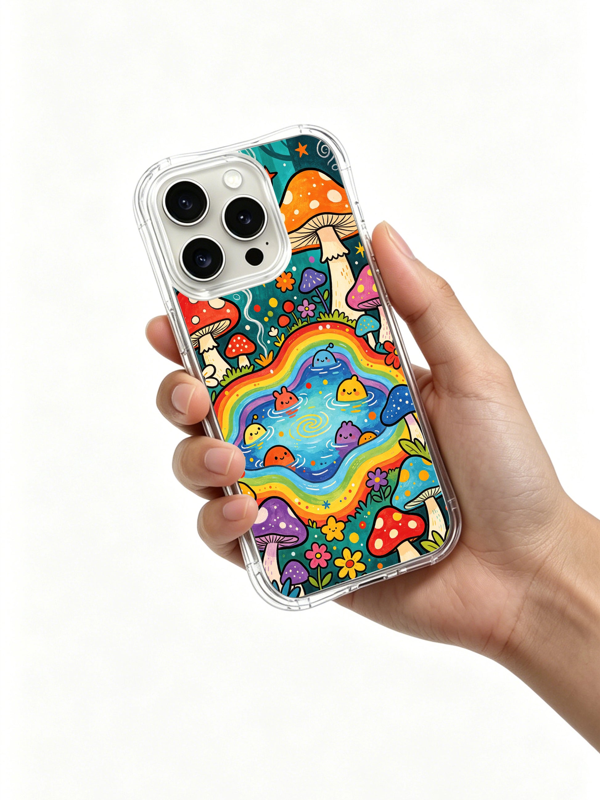 PhoneCasing iPhone 16 pro max Case, whimsical gallery-grade casing with dense mixed-color daisy blooms and fresh clover grass growing along base surrounding rainbow pond, original licensed artwork locally crafted in California