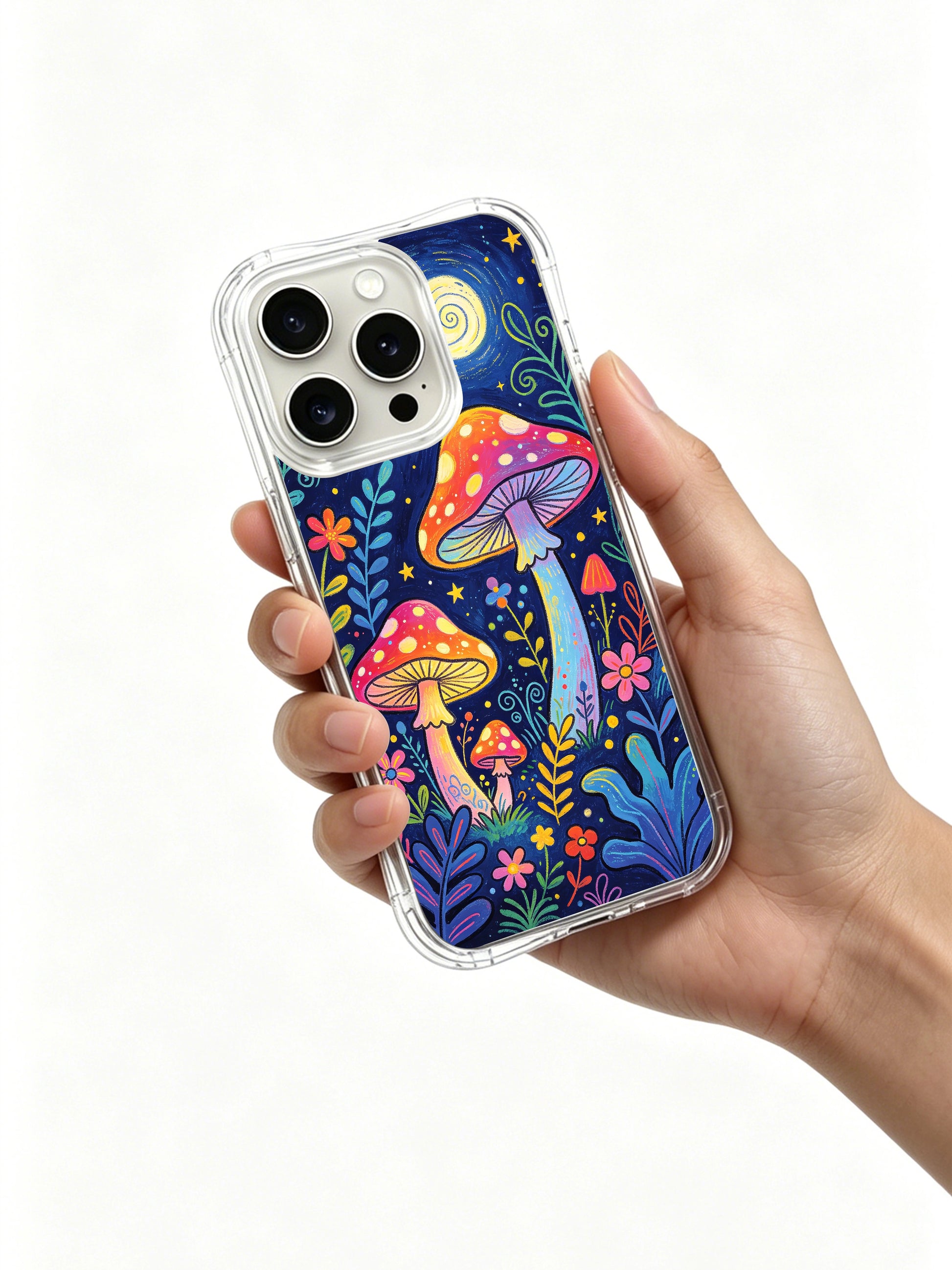 PhoneCasing iPhone 16 pro max Case, whimsical gallery-grade casing with dense mixed-tone daisy blossoms and fresh clover grass growing along bottom beside luminous amanita cluster, original licensed artwork locally manufactured in California