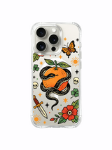PhoneCasing iPhone 15 pro Case bottom placed skull, one vivid butterfly, offset angled dagger beside ripe citrus fruit snake, anti-drop shockproof art iPhone 15 pro casing.