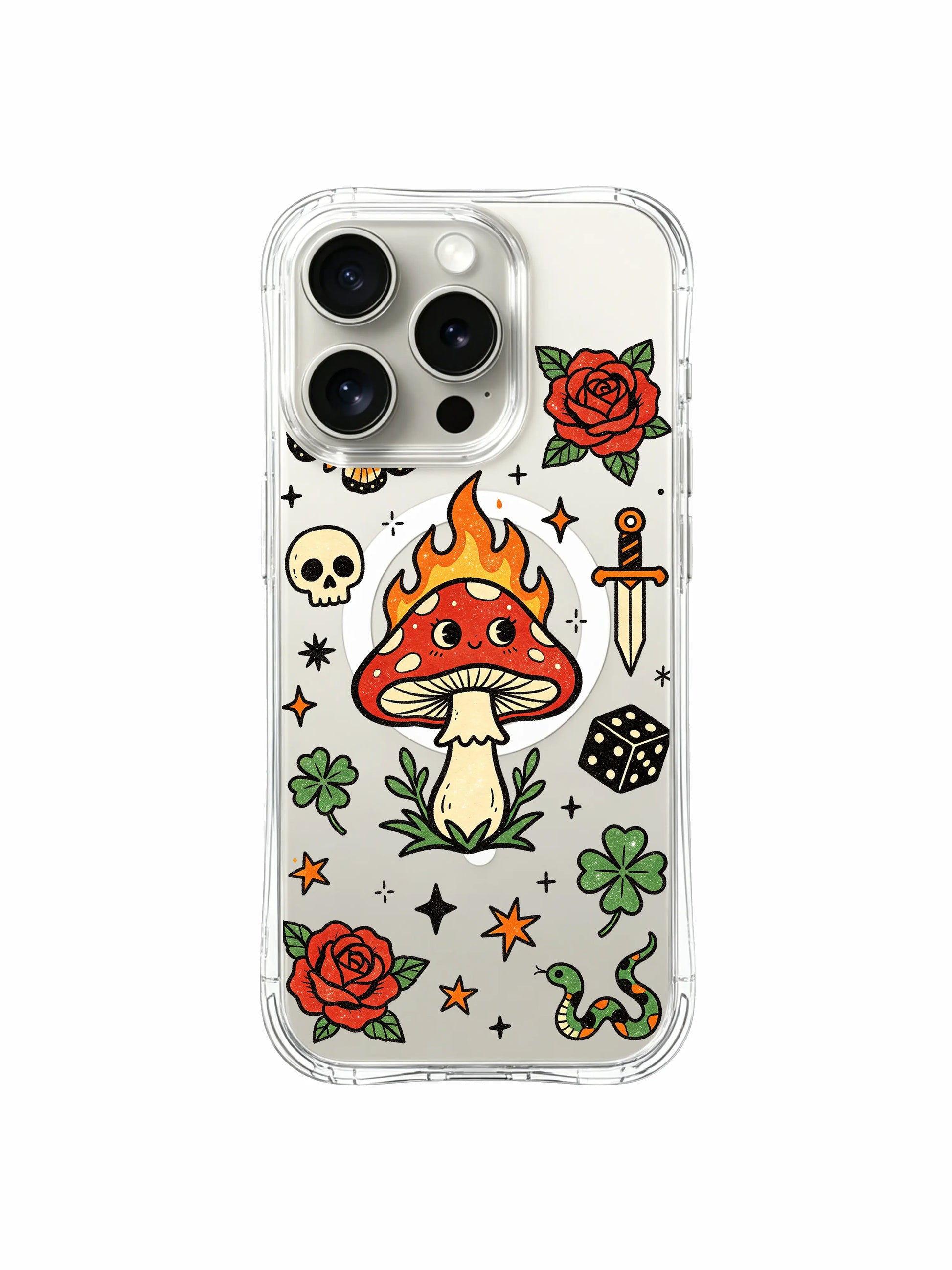 PhoneCasing iPhone 15 pro Case bottom-position spotted snake, pair of four-leaf clovers, one small skull, single rose and angled dagger, collectible vintage tattoo iPhone 15 pro casing.