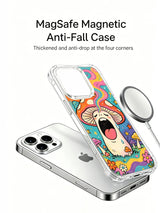 PhoneCasing iPhone 16 pro max Case, premium bespoke illustrated casing with wavy psychedelic grass & mixed wildflower lining bottom edge, cluster of napping tiny dotted mushrooms surrounding sleepy yawn-core amanita, durable USA-made shockproof transparent art phone casing.
