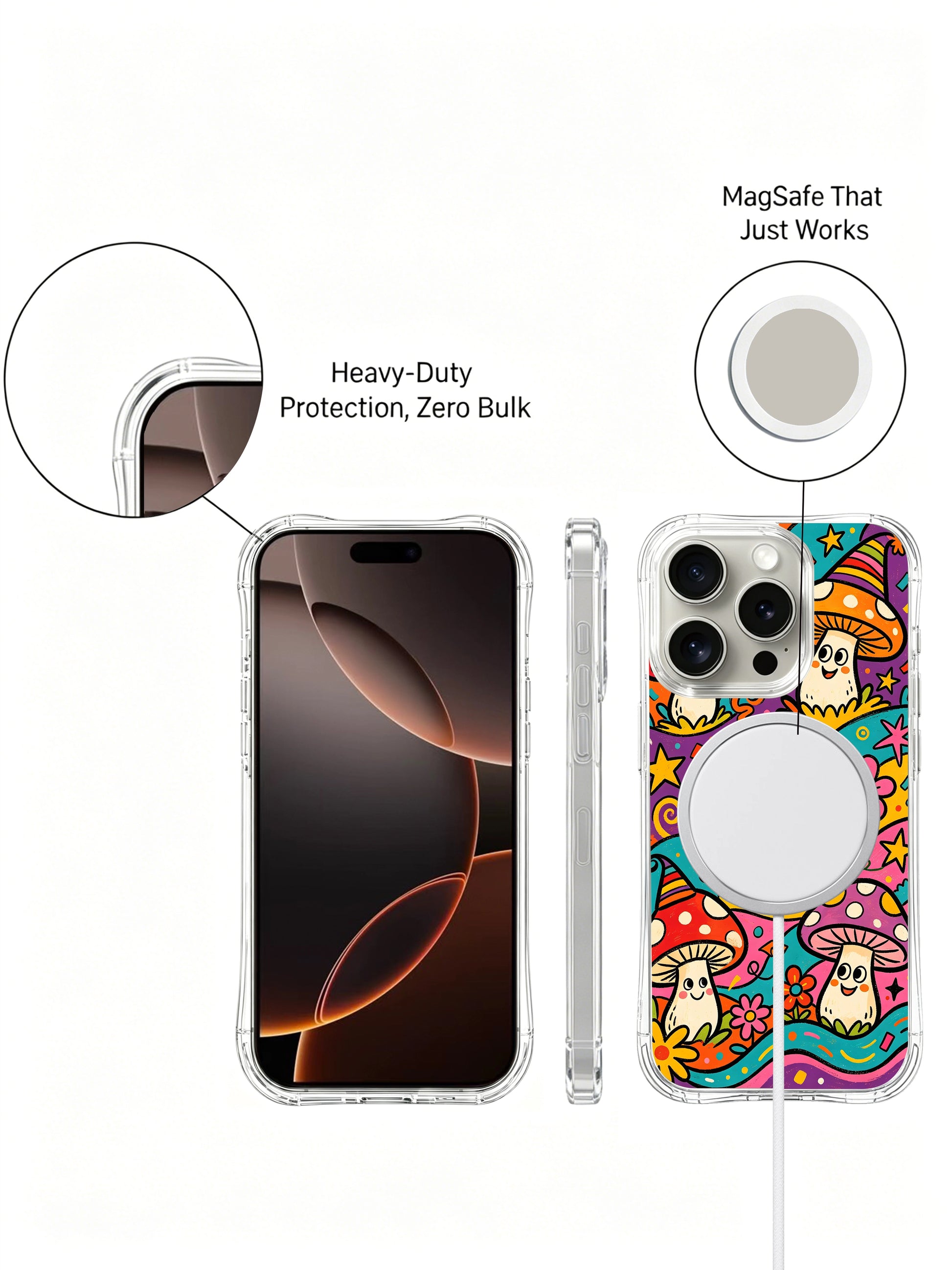 PhoneCasing iPhone 16 pro max Case, exclusive artist collab casing decorated with undulating rainbow ground along bottom edge, colorful wildflowers grow around every clown mushroom base, fade resistant anti-shock clear casing.
