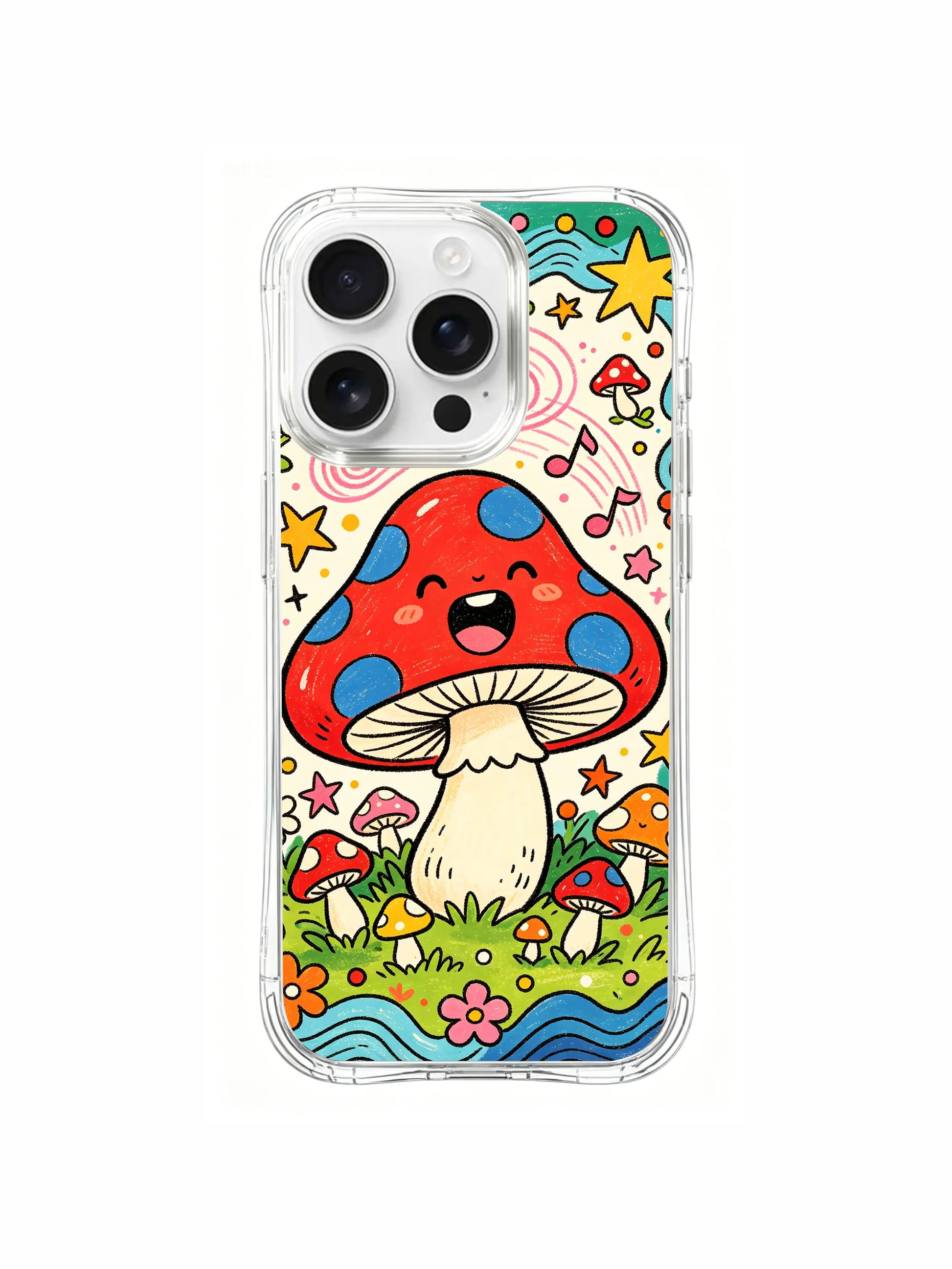 PhoneCasing iPhone 16 pro max Case, whimsical fine art casing with curvy blue river & assorted blossoms at frame bottom beneath singing red mushroom, exclusive limited collab wearable art casing from PhoneCasing