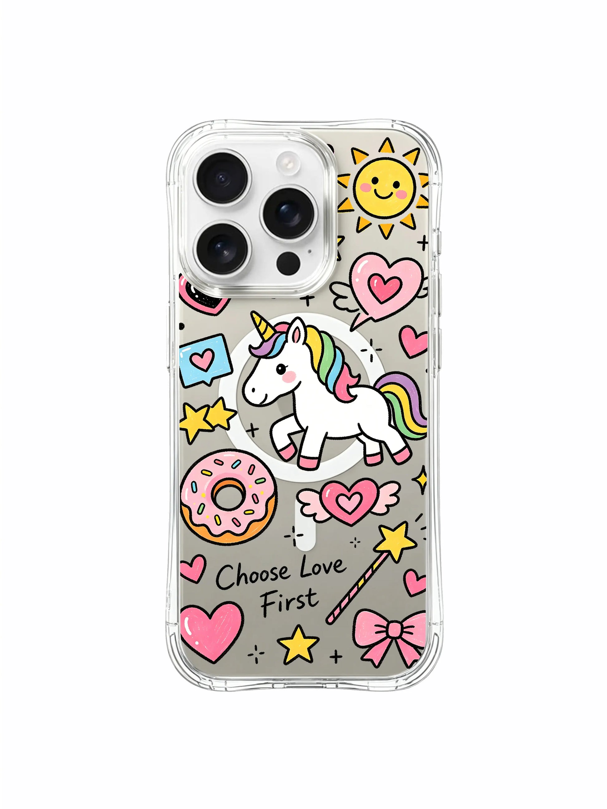 PhoneCasing iPhone 16 pro max anti-scratch clear case with multi-color bows, prancing unicorn and handwritten Choose Love First lettering.