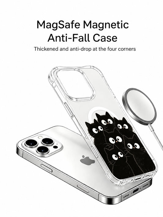 PhoneCasing iPhone 16 pro max clear protective case with cute black cats gathered on a light background, playful design for cat lovers.