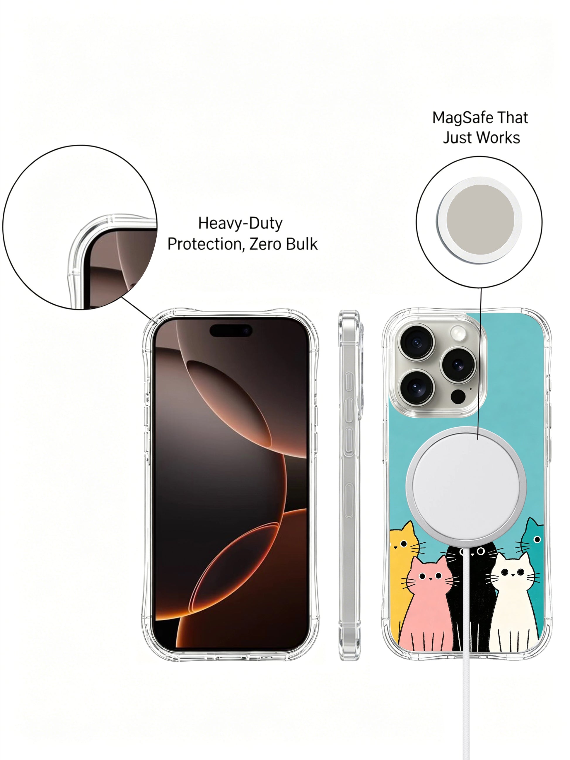 PhoneCasing iPhone 16 pro max anti-yellowing case with Mimi Colorfield art, colorful cats on a calm teal background.