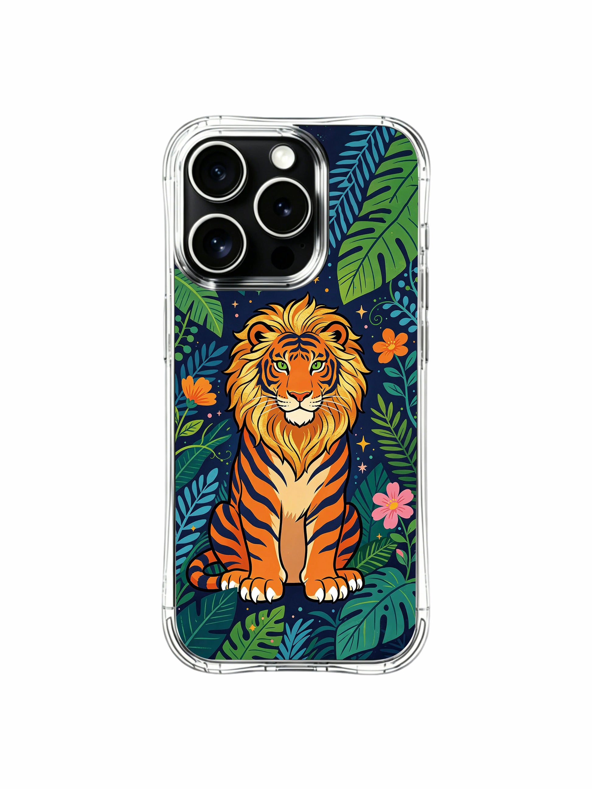 Blossom border framed PhoneCasing iPhone 13 pro Case, durable shockproof phone casing showcasing vivid striped orange tiger nestled between oversized palm leaves and bright hibiscus flowers, premium art phone cover.