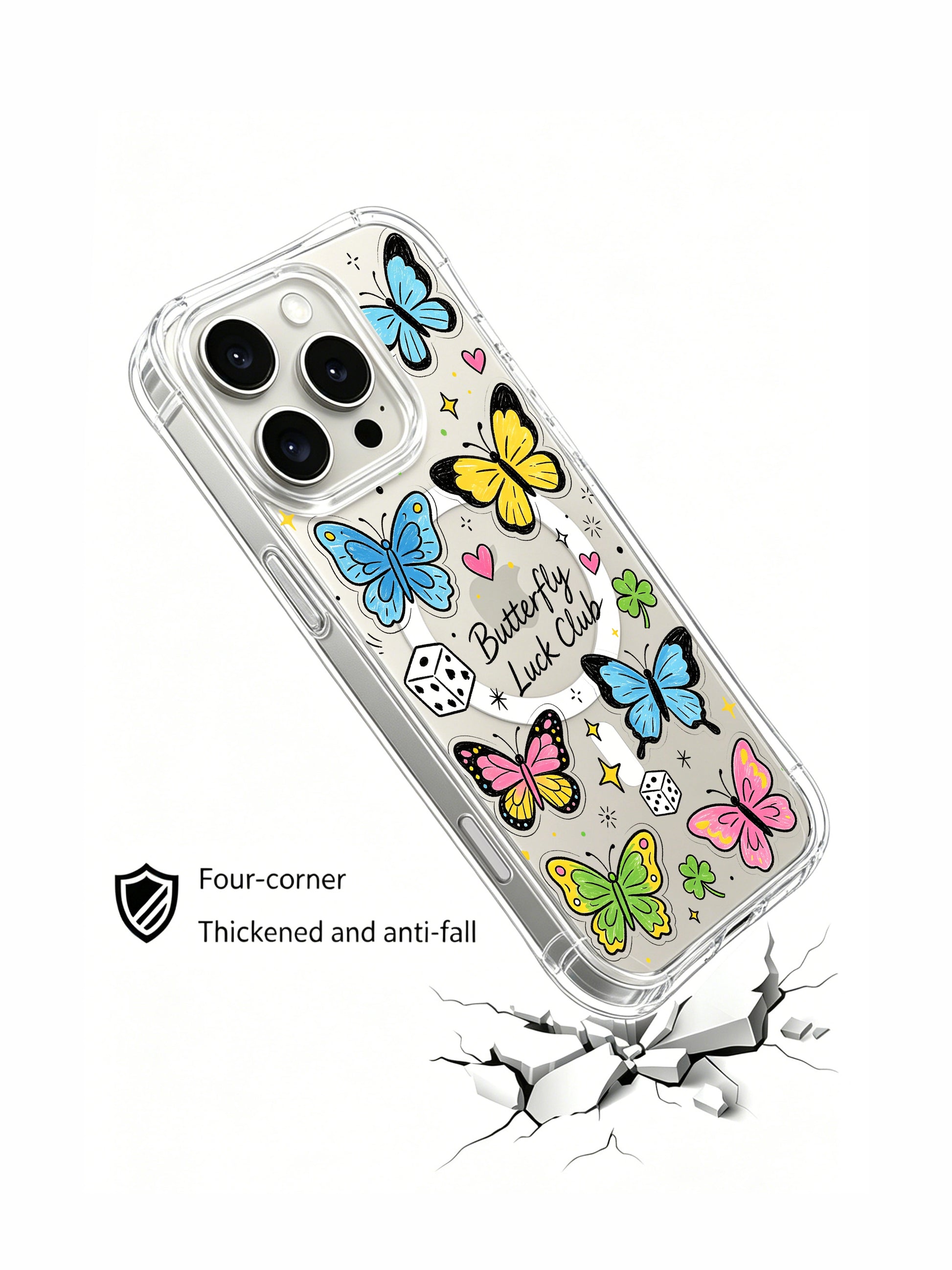 PhoneCasing iPhone 16 pro max anti-yellowing clear case featuring bright rainbow butterflies, ace of hearts cards, clover leaves and dice in a playful sticker collage design.