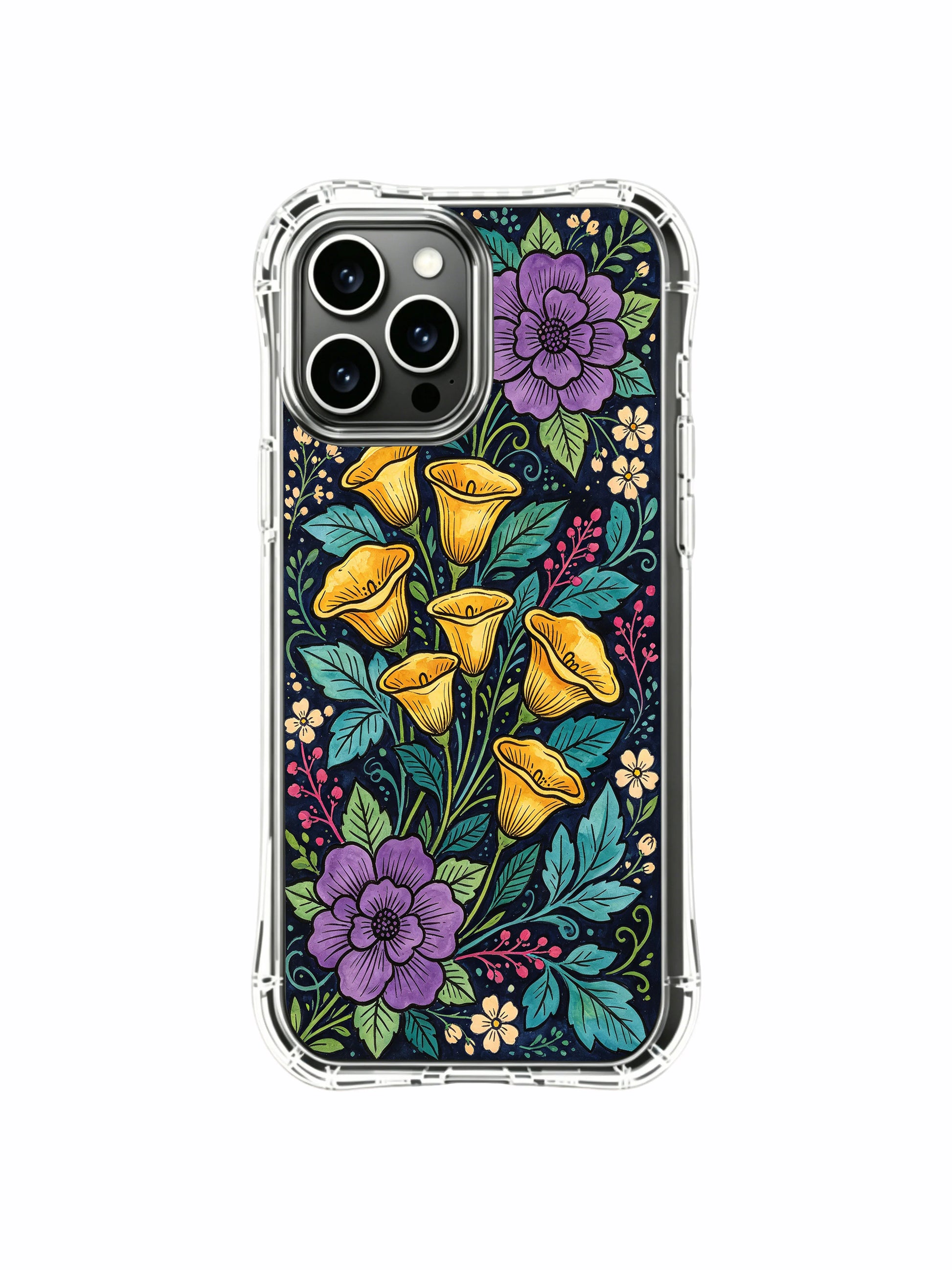 PhoneCasing iPhone 16 Pro Max Case with bright calla night art. Warm yellow blooms and purple flowers, aesthetic case made in California.