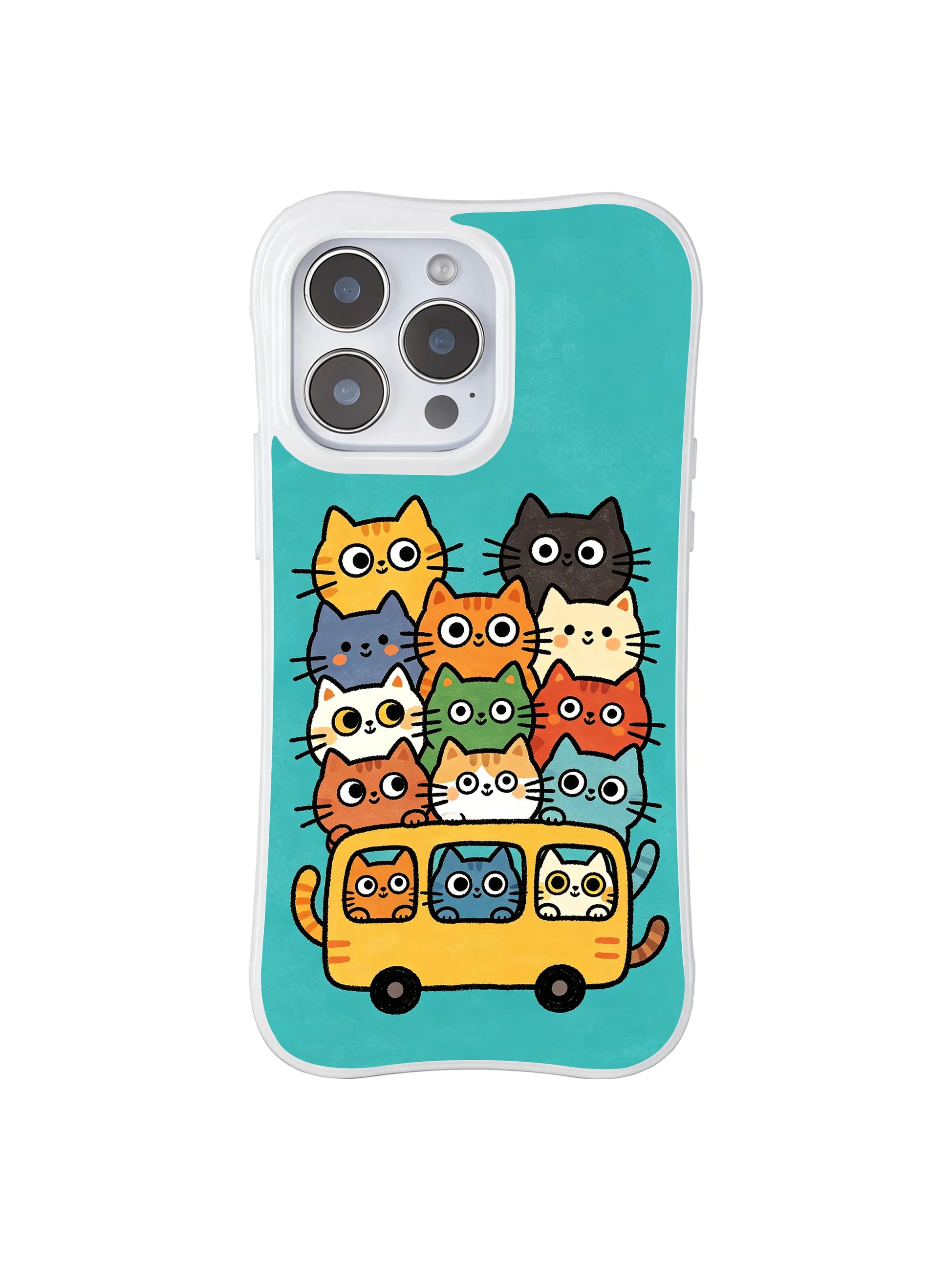 PhoneCasing iPhone 16 pro max case with a playful design of multicolored cats on a bus, full of warmth and fun.