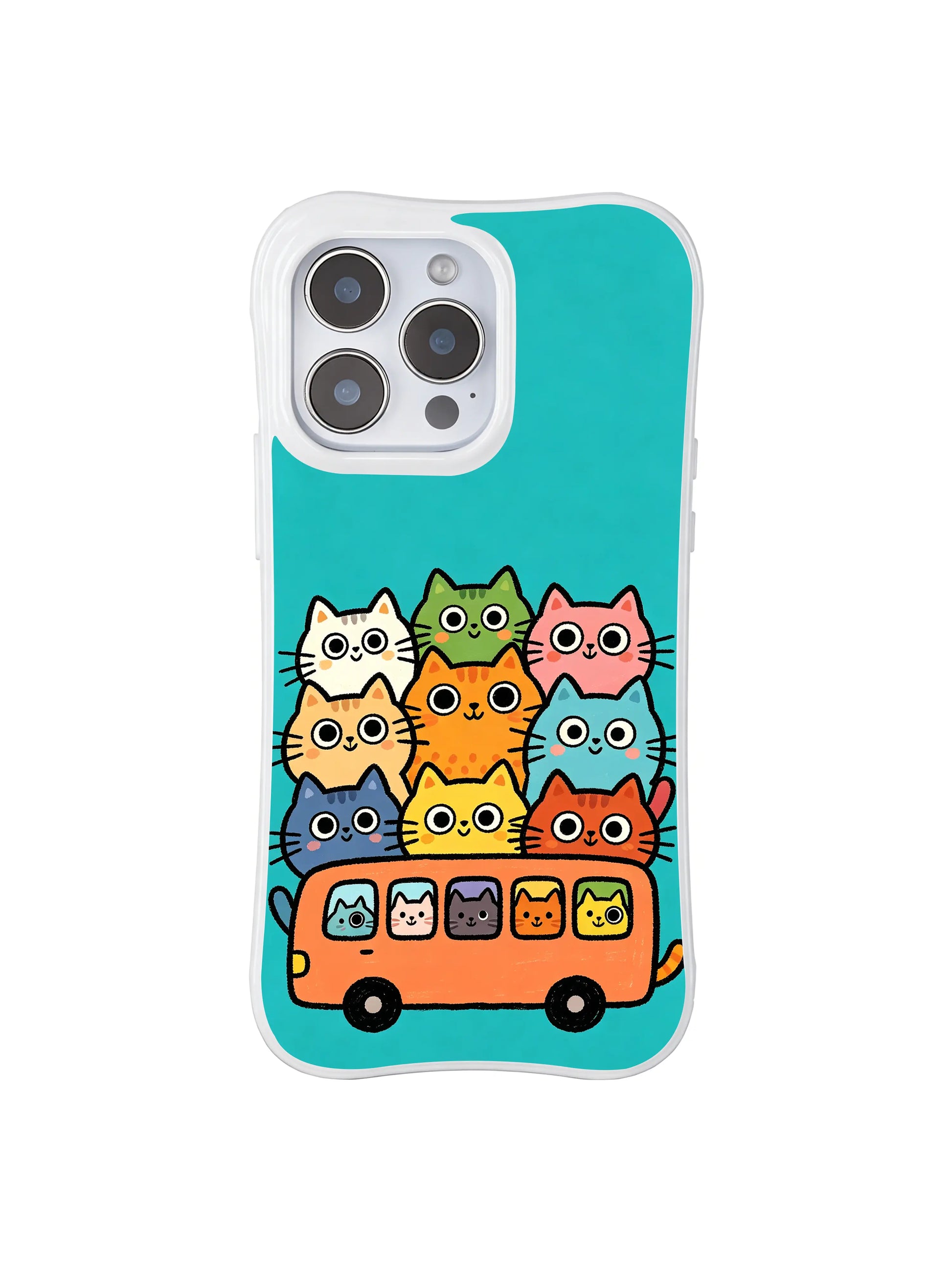 PhoneCasing iPhone 16 pro max anti-yellowing case with a vivid illustration of multicolored cats packed on a bus.