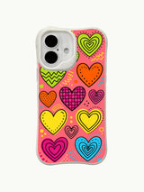 Bright Colorful Hearts artwork on an iPhone 16 Plus case