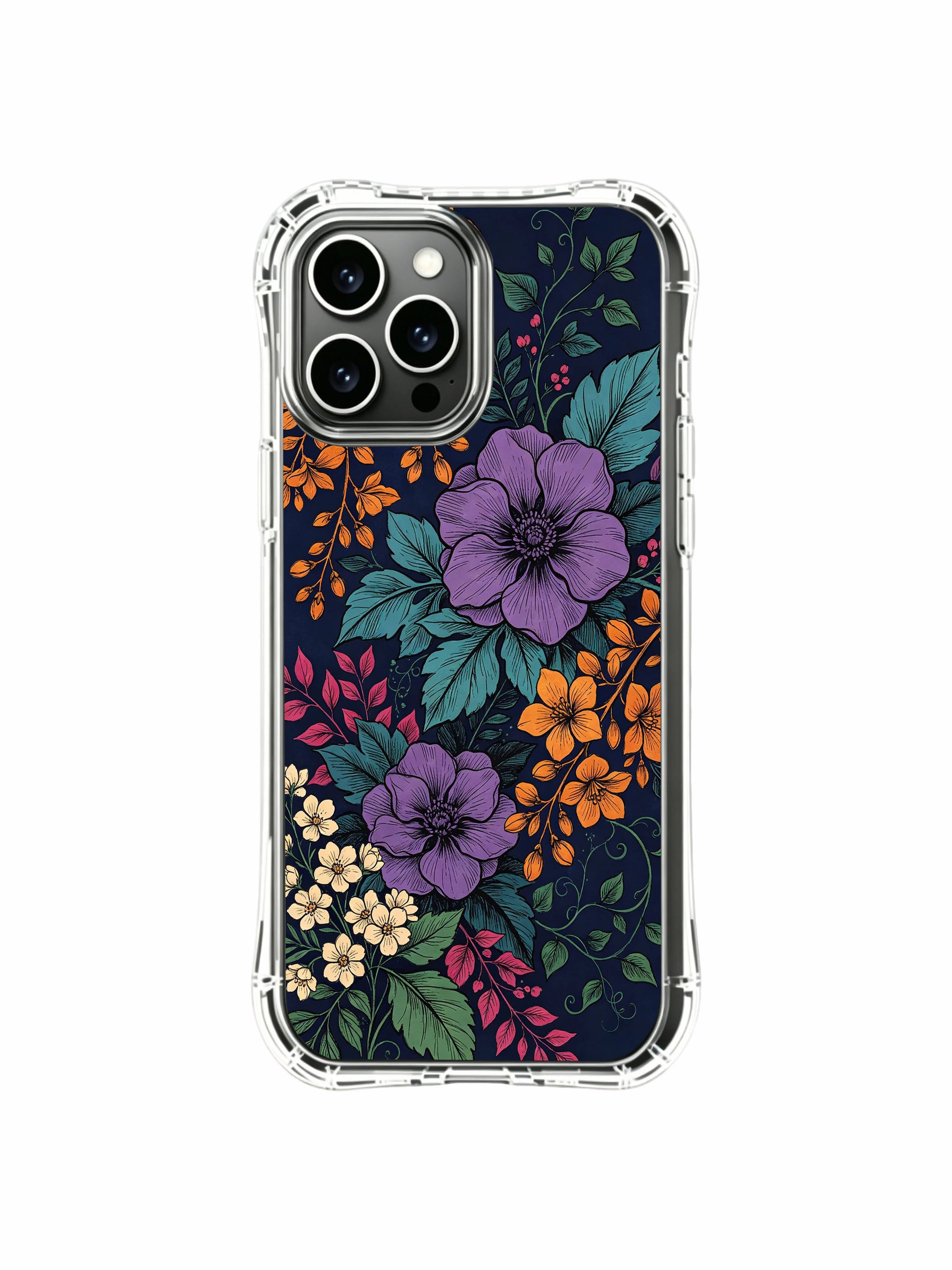 PhoneCasing iPhone 16 Pro Max Case with bright dark floral art. Purple blooms and golden accents, aesthetic case made in California