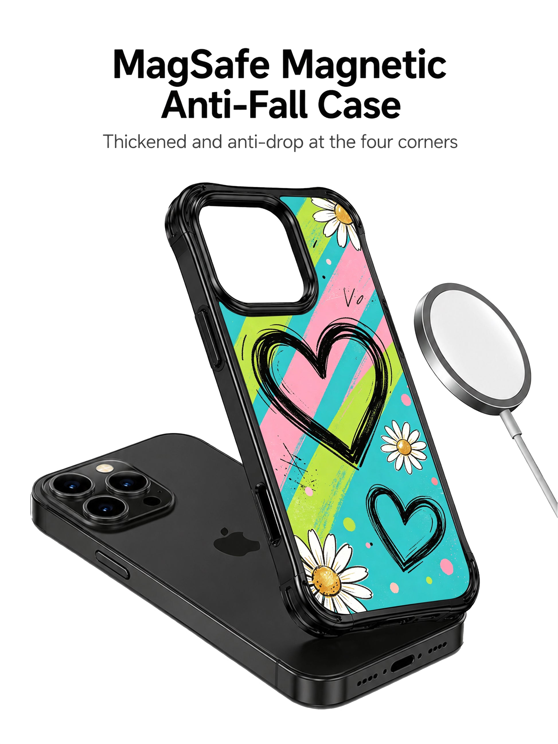 PhoneCasing iPhone 16 pro Case with messy hand brush diagonal stripe daisy doodle pattern, exclusive Ruby Daze Red Stripe Daisy Signal design, gallery-quality wavy black frame casing.