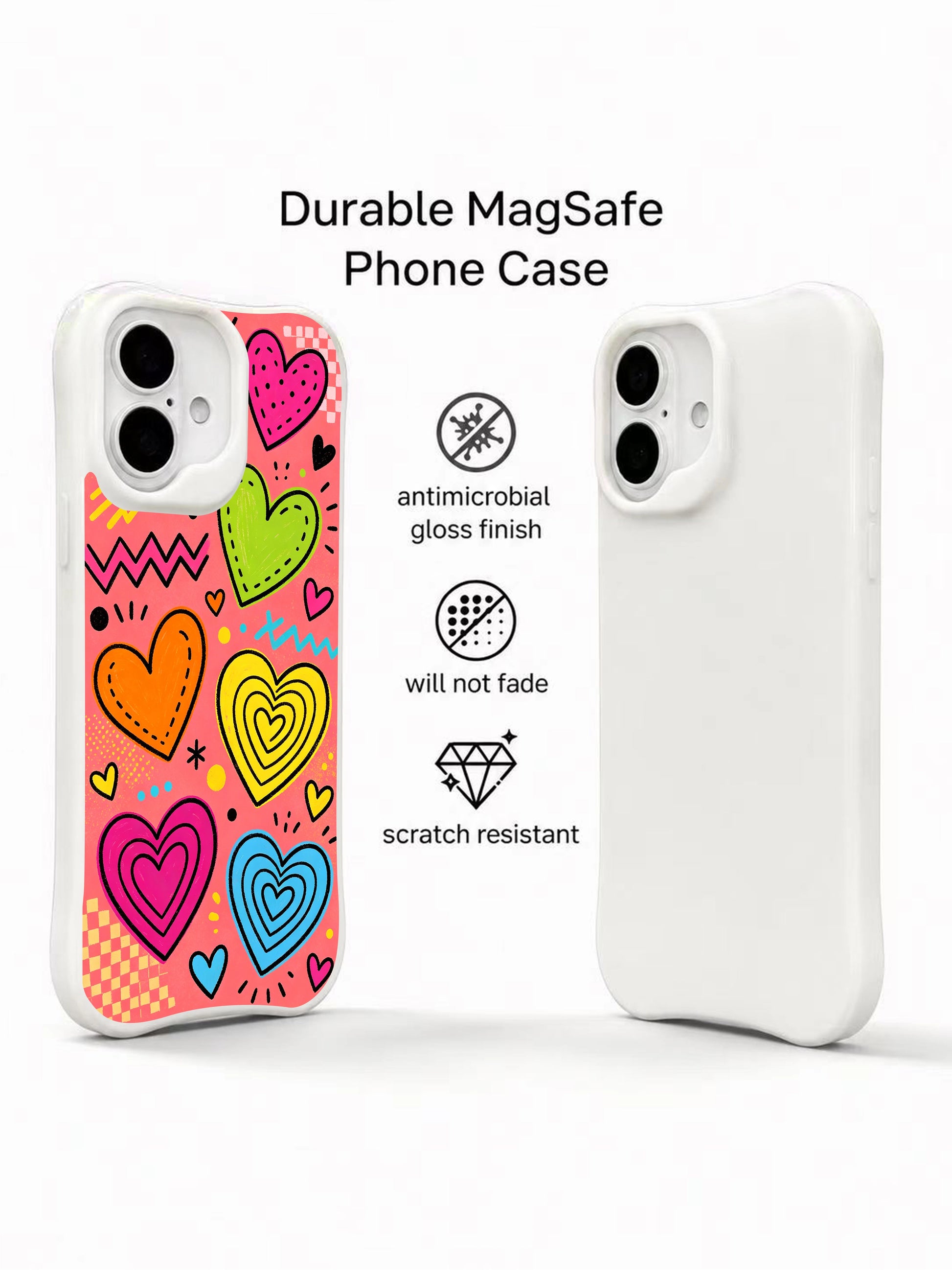PhoneCasing Bright Doodle Hearts Case for iPhone 16 Plus, a playful iPhone 16 plus casing with neon-colored hearts and retro 90s-inspired patterns.