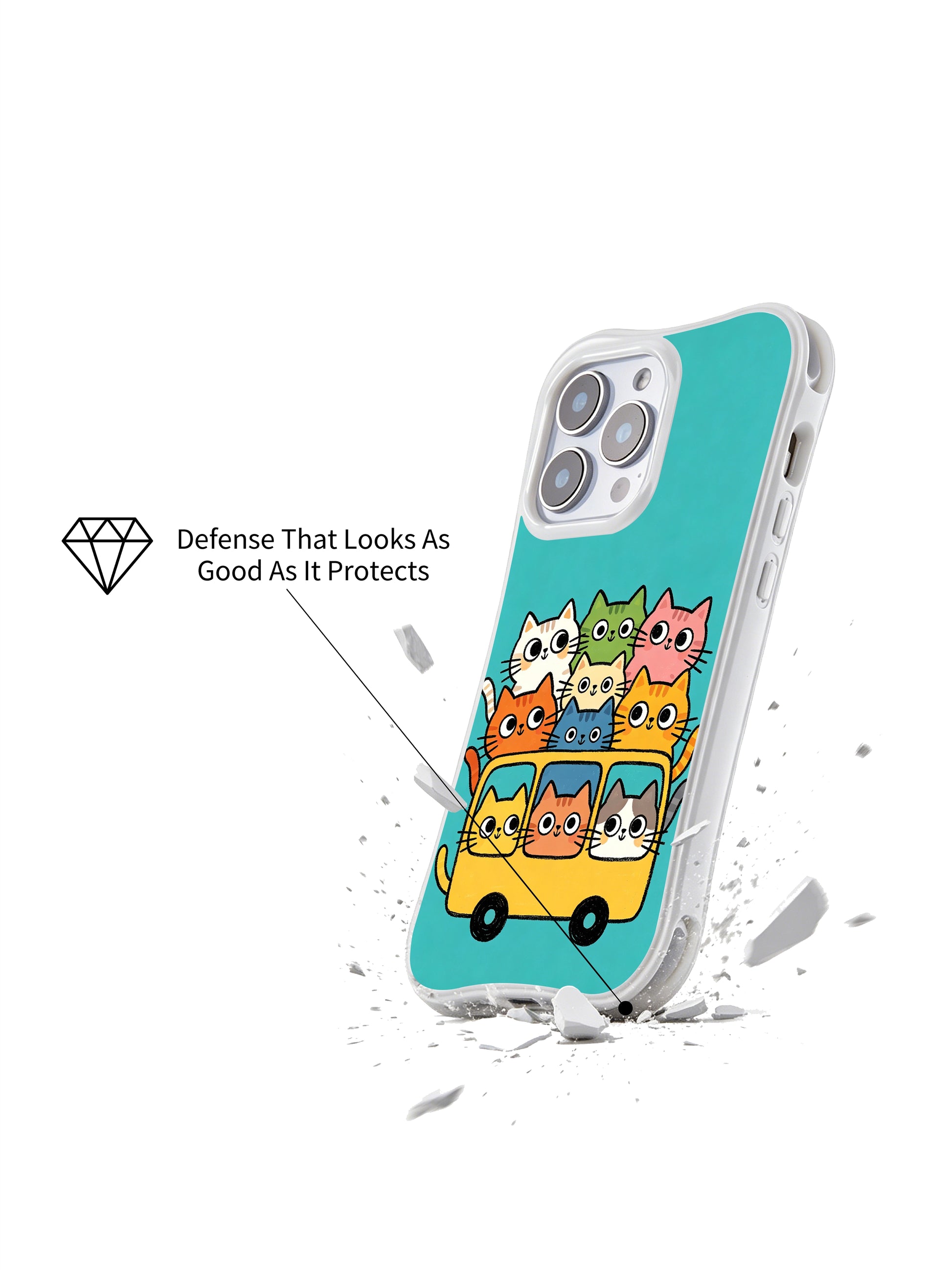 PhoneCasing iPhone 16 pro max clear case showing cats on a vibrant bus, capturing the joy of shared travel.