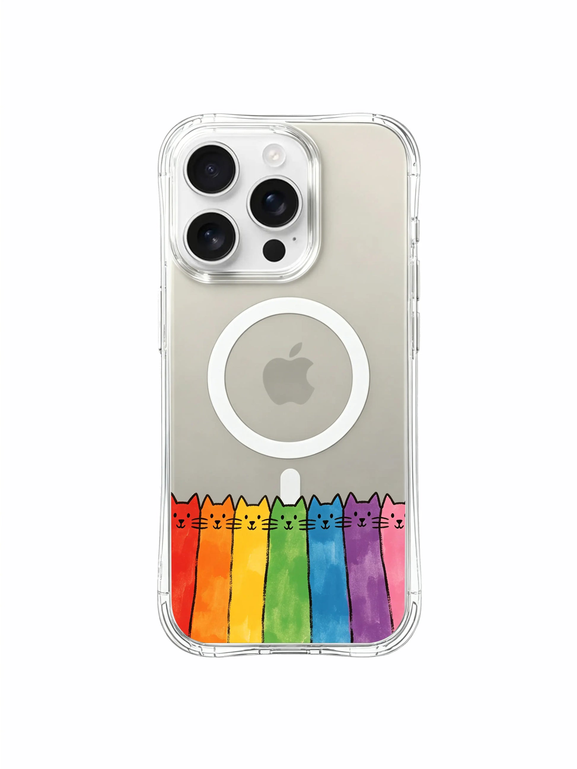 PhoneCasing iPhone 16 Pro Max with Bright Feline Queue design, a cheerful rainbow of cats adding color and joy to your day.