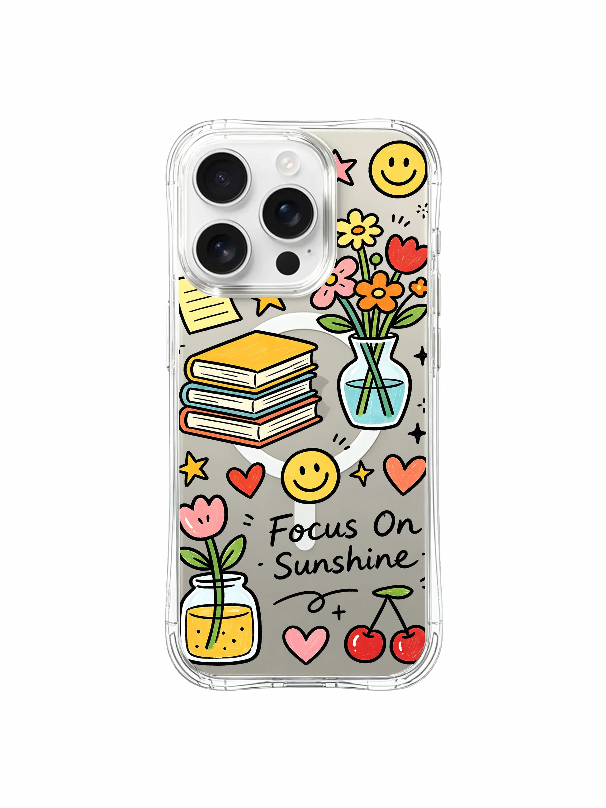 PhoneCasing iPhone 16 pro max heavy-duty protective case with vibrant flower vase, book stacks, cherry motifs and starry positive sticker layout.