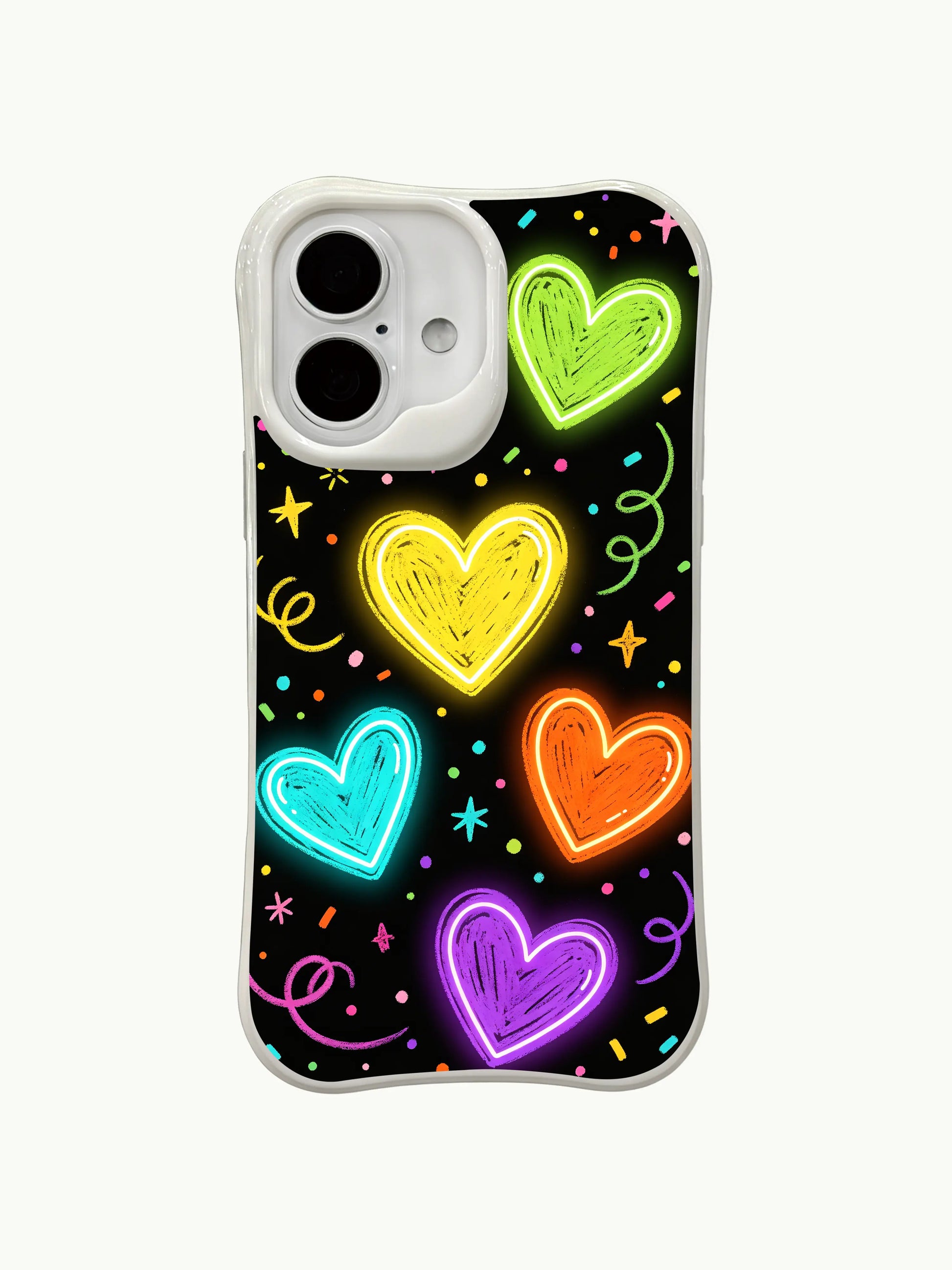 PhoneCasing bright heart confetti iPhone 16 plus case, a festive iphone 16 plus casing with vivid neon hearts, stars, and streamers on a black backdrop.