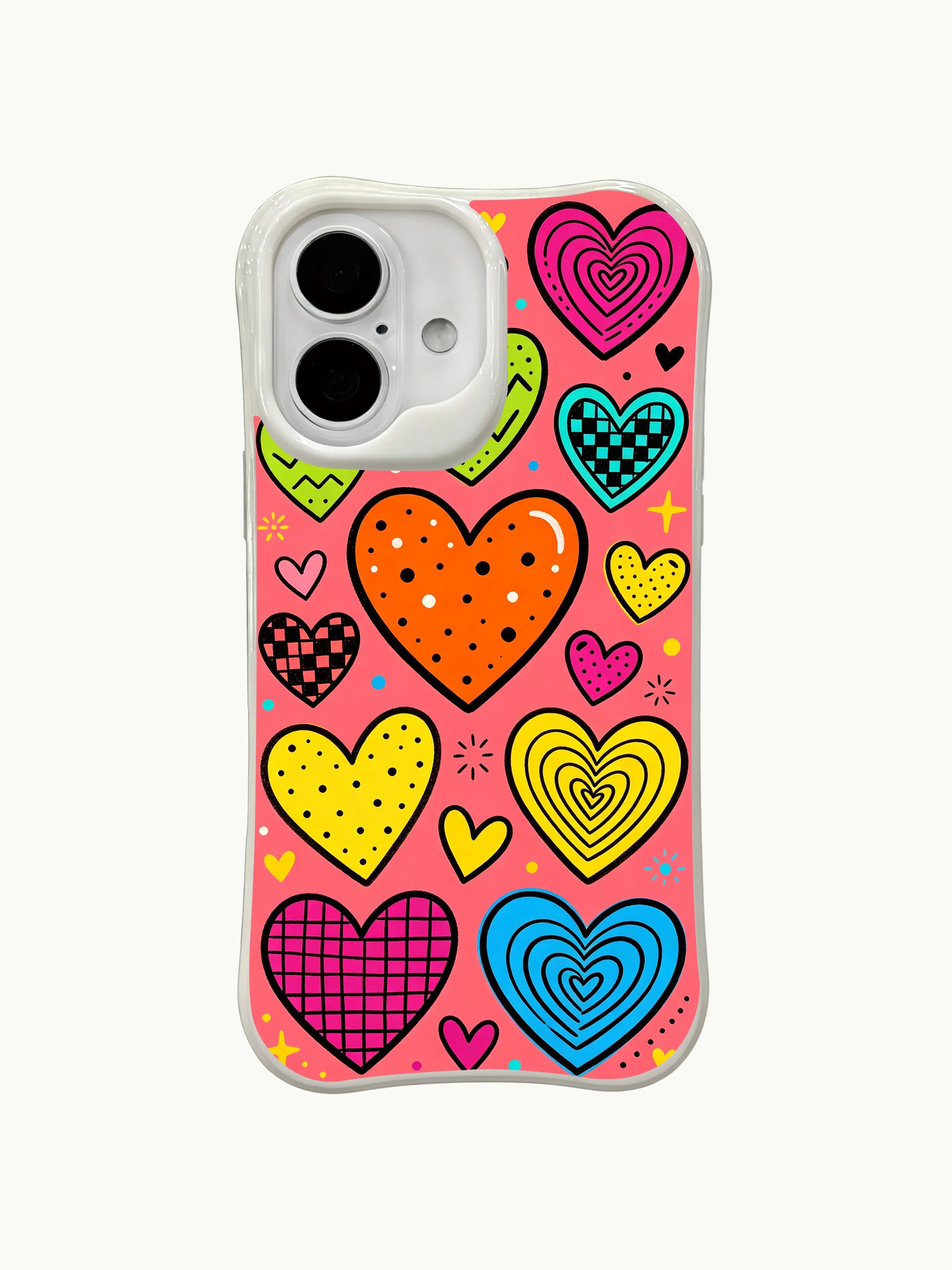 PhoneCasing Bright Heart Rhythm Case for iPhone 16 Plus, a vibrant iPhone 16 plus casing with bold tropical hearts and retro details.