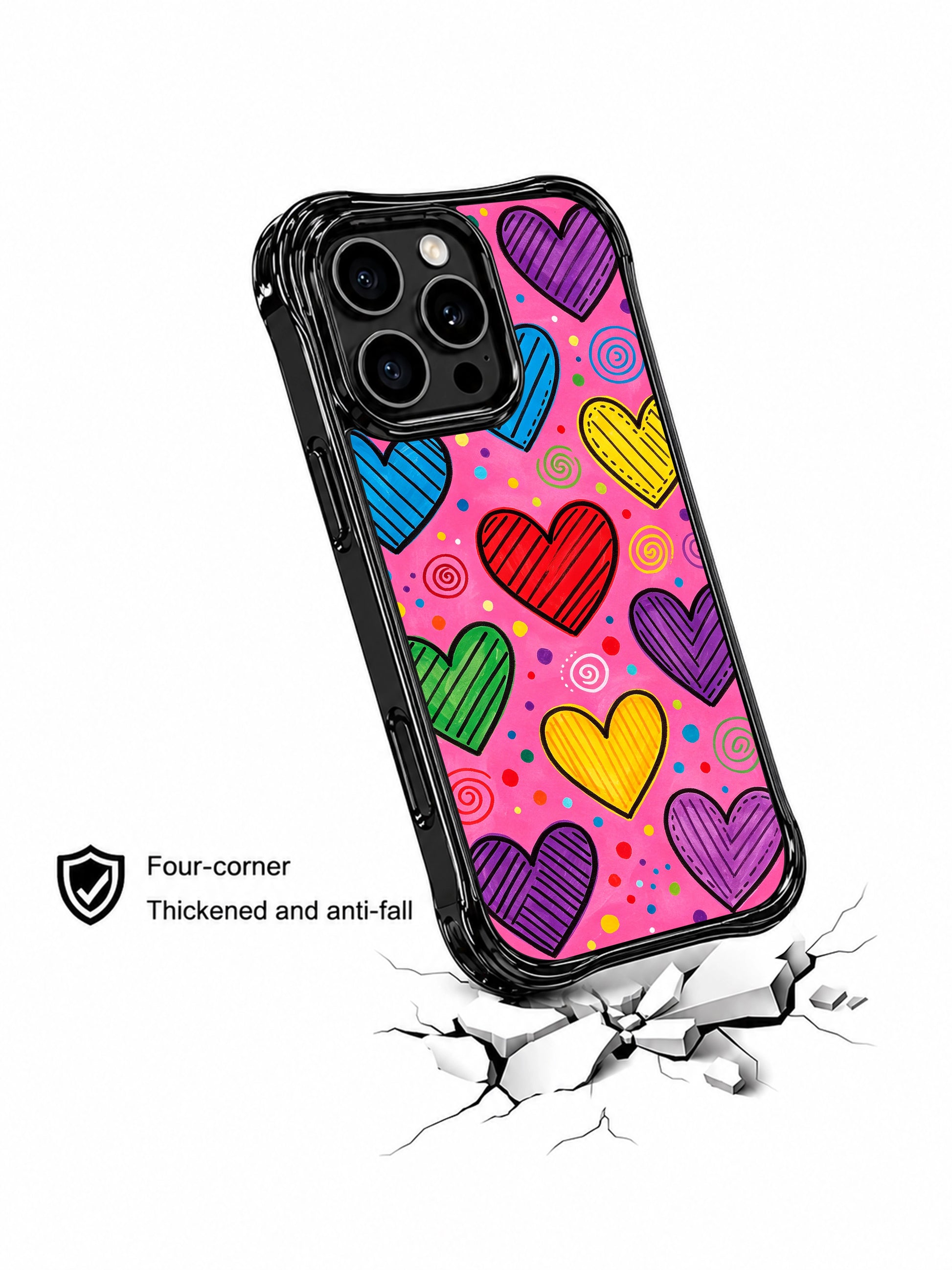 PhoneCasing iPhone 13 Pro Max case with hand drawn lined rainbow hearts, spiral swirl and polka dot accents, vibrant cheerful pop art phone casing.