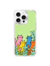 PhoneCasing iPhone 16 pro max anti-yellowing case with art by Mimi Colorfield, a garden made entirely of colorful cats.