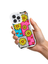 PhoneCasing iPhone 16 pro Case with vivid cheerful lemon daisies layered over mixed dot & line grid mint pink color blocks, Ruby Daze Lemon Pop Daisy Grid artist-designed wavy casing for youthful feminine style.