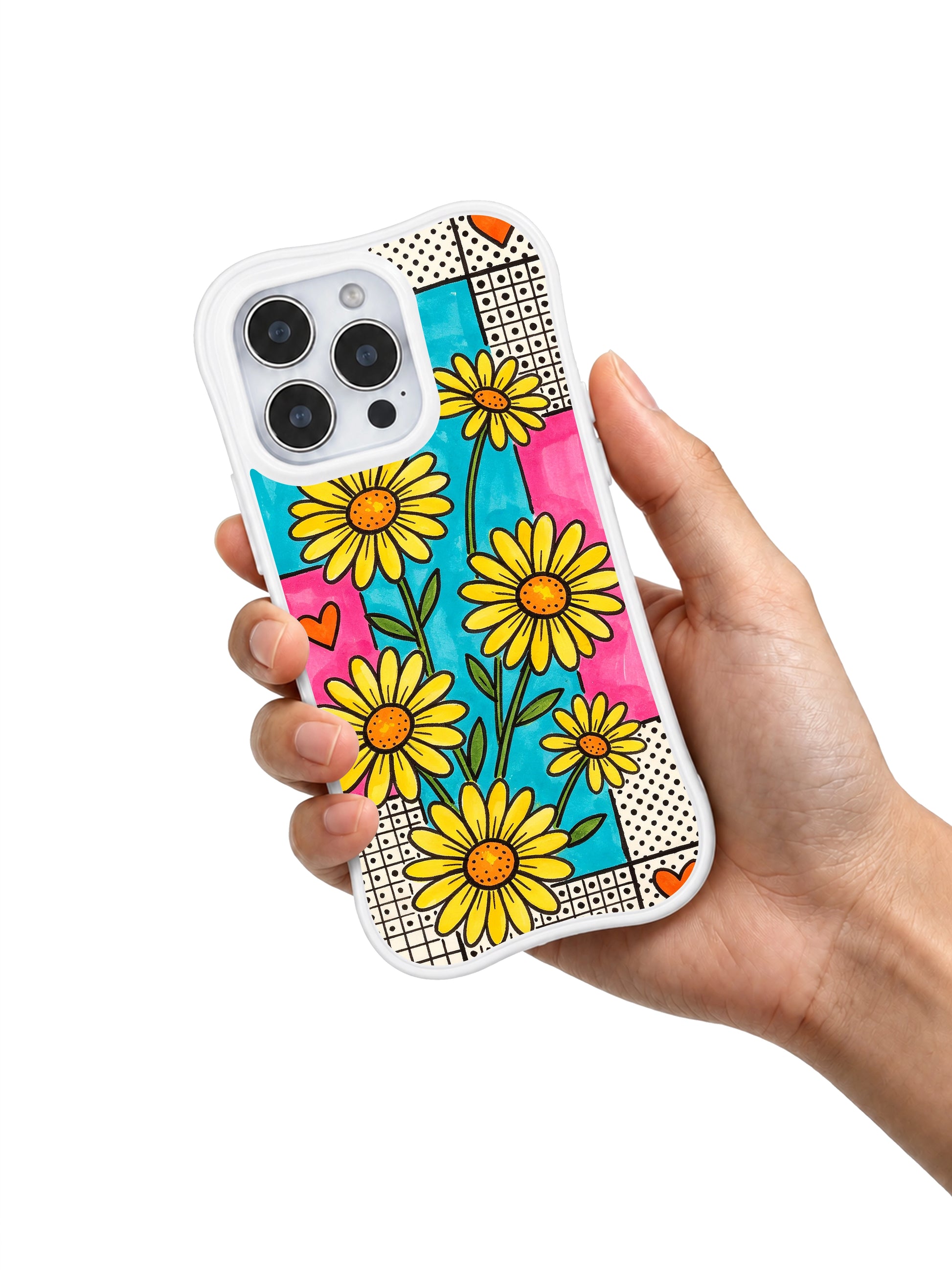 PhoneCasing iPhone 16 pro Case with vivid cheerful lemon daisies layered over mixed dot & line grid mint pink color blocks, Ruby Daze Lemon Pop Daisy Grid artist-designed wavy casing for youthful feminine style.