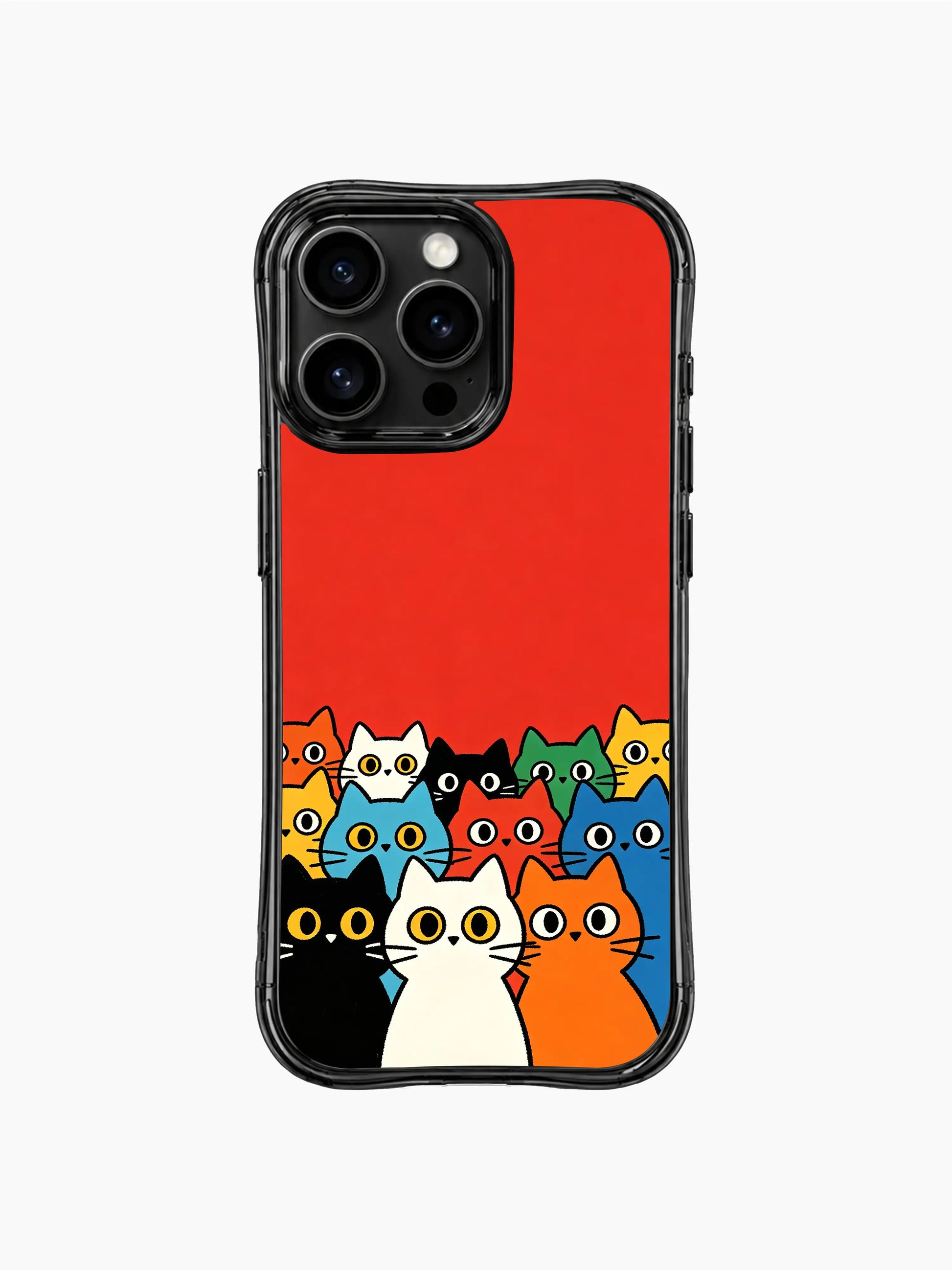 PhoneCasing iPhone 16 pro max clear case showing cheerful cats, full of vibrant positive energy.