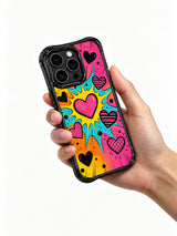 PhoneCasing iPhone 13 Pro Max case thick rough black hand sketch outlines for all comic bursts and hearts, vivid saturated neon color blocks, scratch-resistant bold statement phone cover.