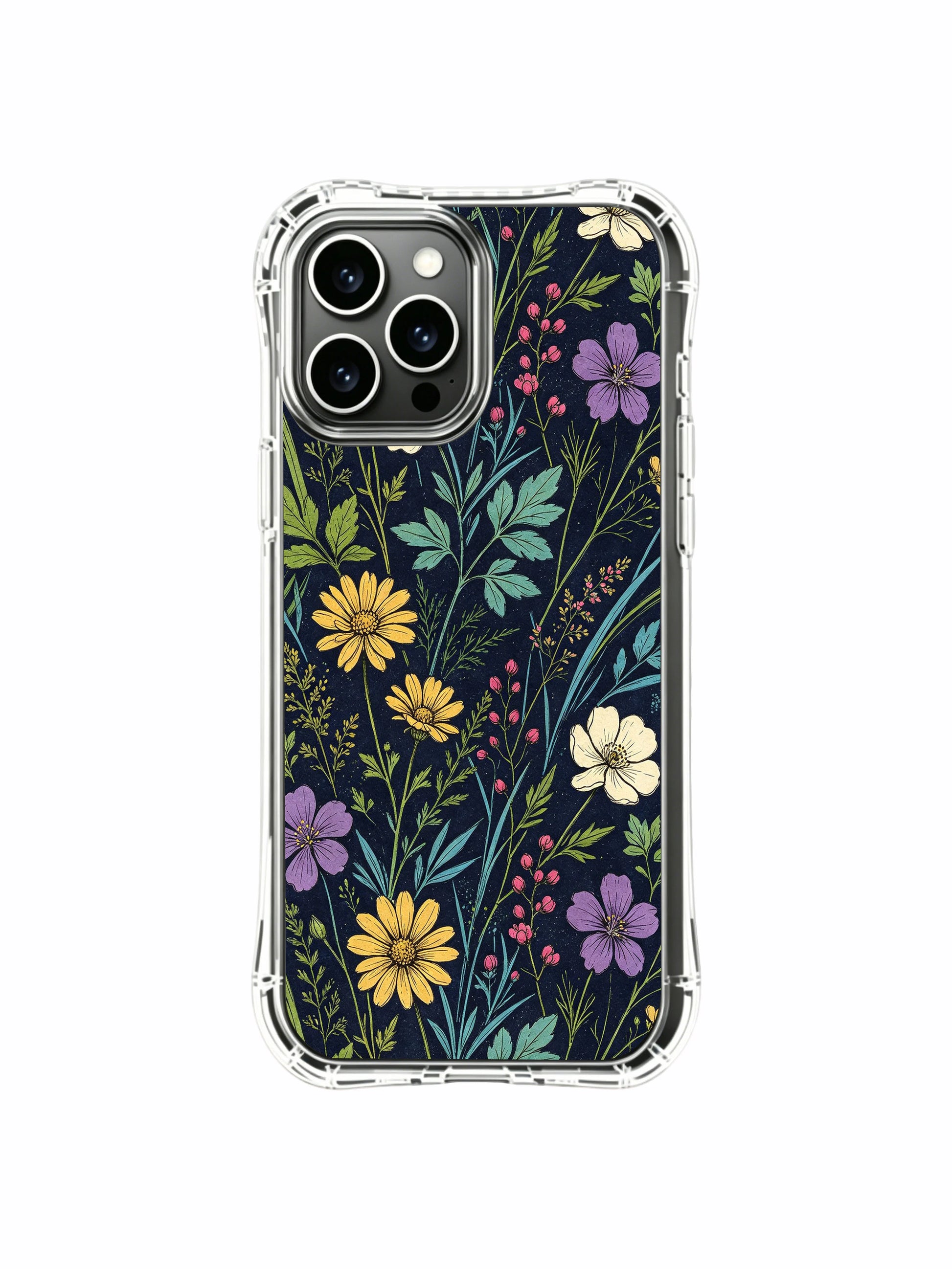 PhoneCasing iPhone 16 Pro Max Case with bright night meadow bloom art. Delicate meadow flowers, aesthetic case made in California.