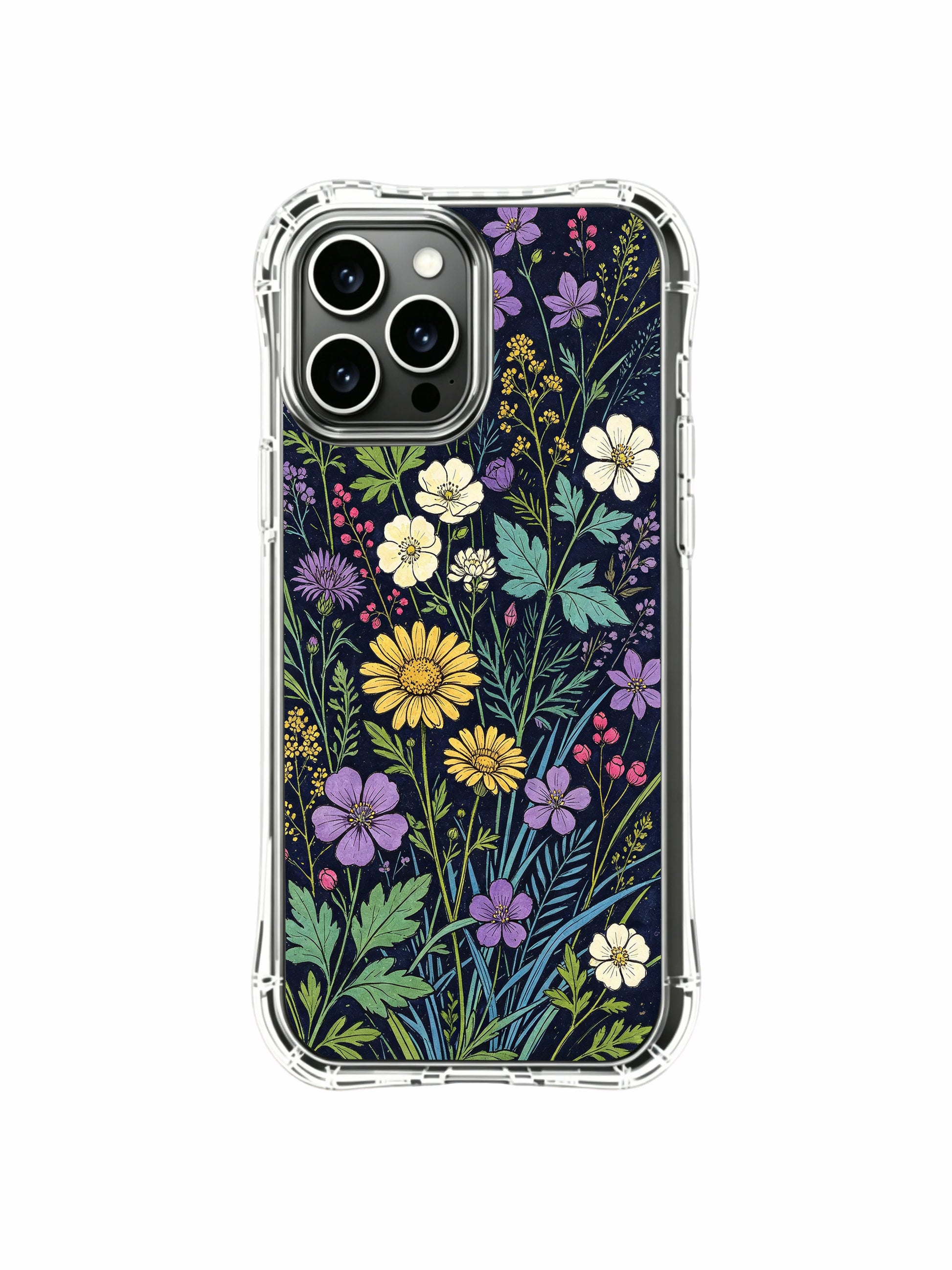 PhoneCasing iPhone 16 Pro Max Case with bright night wildflower art. Delicate meadow blooms, aesthetic case made in California.