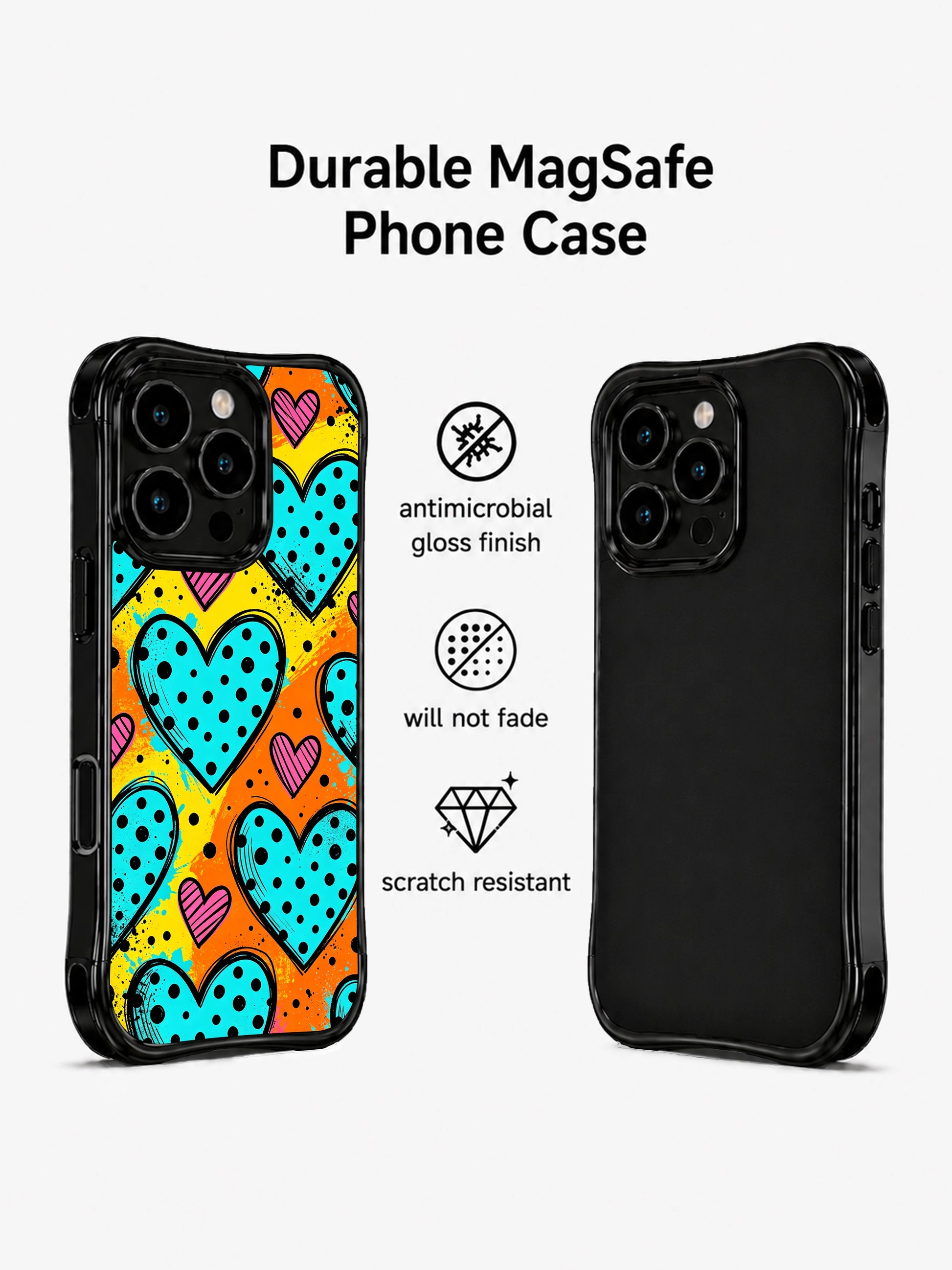 PhoneCasing iPhone 13 Pro Max cover with block color orange yellow brush splash backdrop, scattered big blue dot hearts and tiny pink sketch hearts, energetic crush party artistic casing.