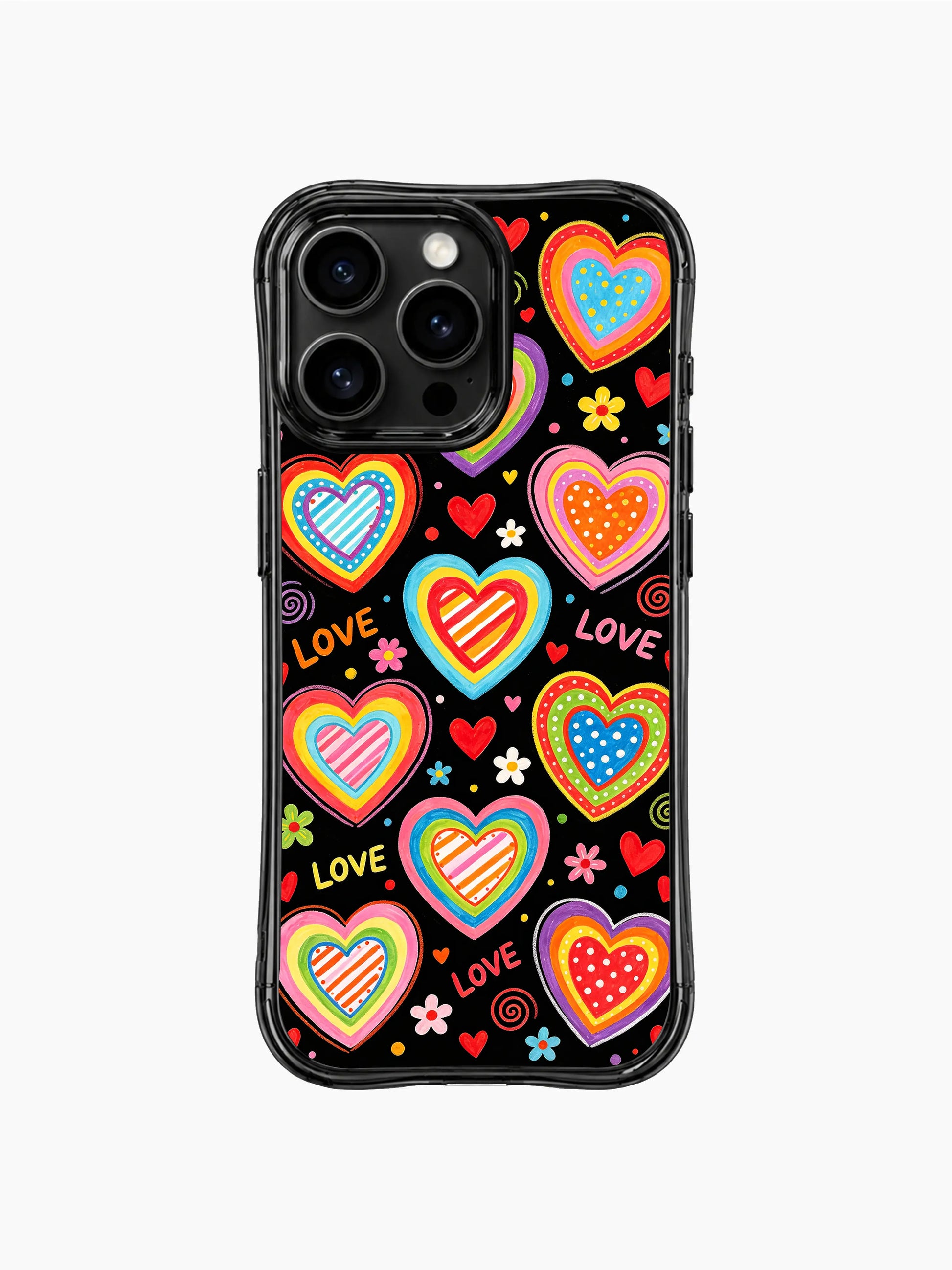 Bright pastel cartoon PhoneCasing iPhone 13 Pro Max case, Nova Heartwell Rainbow Heart Candy Shop design, thick uneven crayon heart lines with spiral flower confetti accents