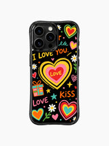 PhoneCasing iPhone 13 Pro Max casing vivid light pastel love letter doodle print, perfect sweet statement phone cover for upbeat romantic teen women.