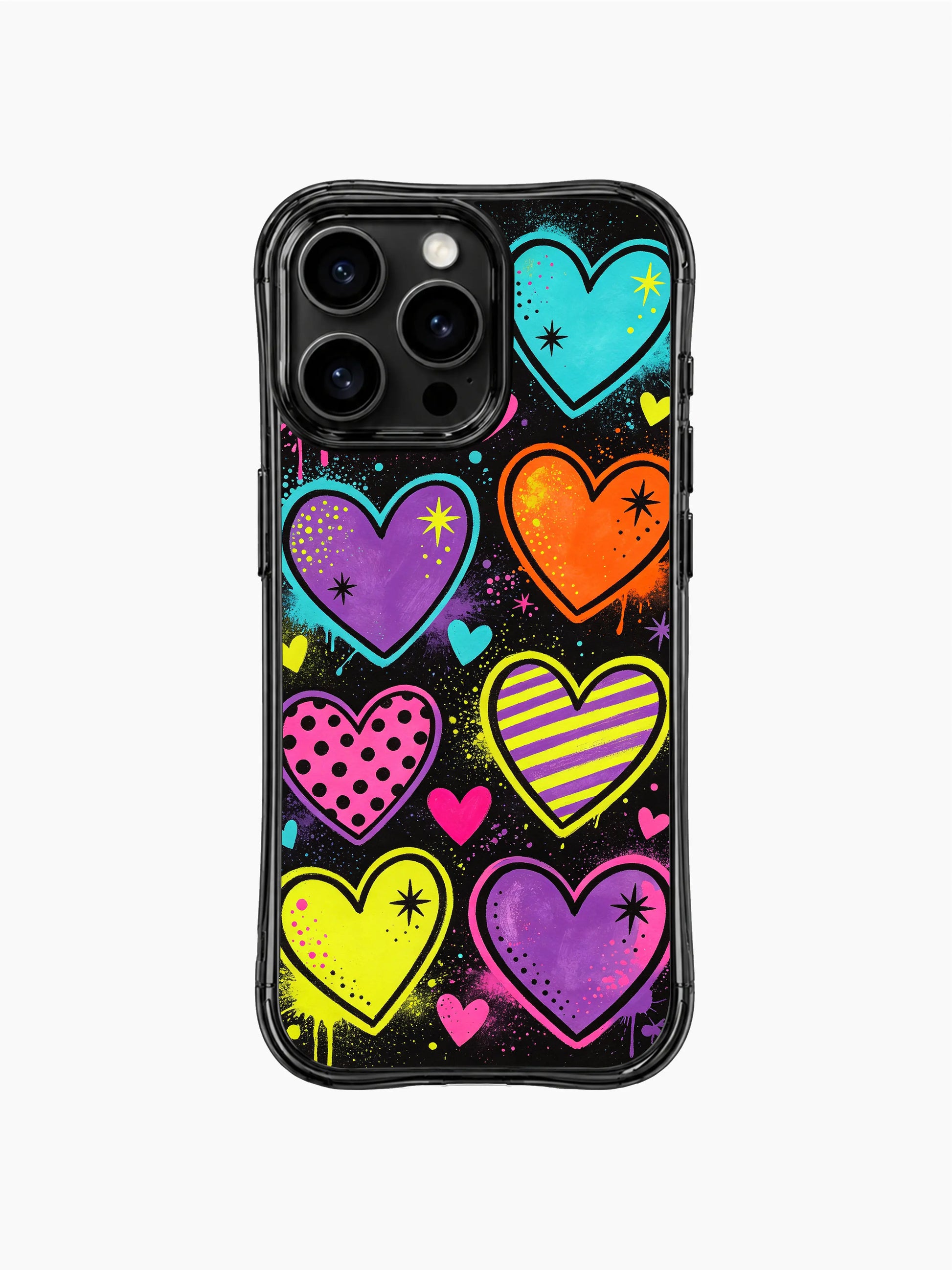 Trendy PhoneCasing iPhone 13 Pro Max case with all-over pop universe chalk illustration, multi-color rough outline hearts, scattered star confetti and LOVE text accents, eye-catching teen romantic streetwear casing