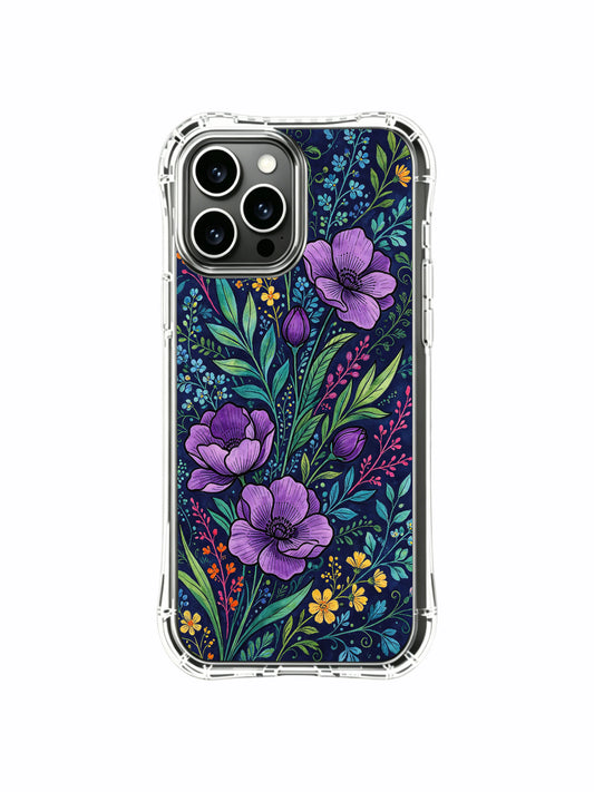PhoneCasing iPhone 16 Pro Max Case with bright purple night art. Rich peonies and colorful flowers, aesthetic case made in California.