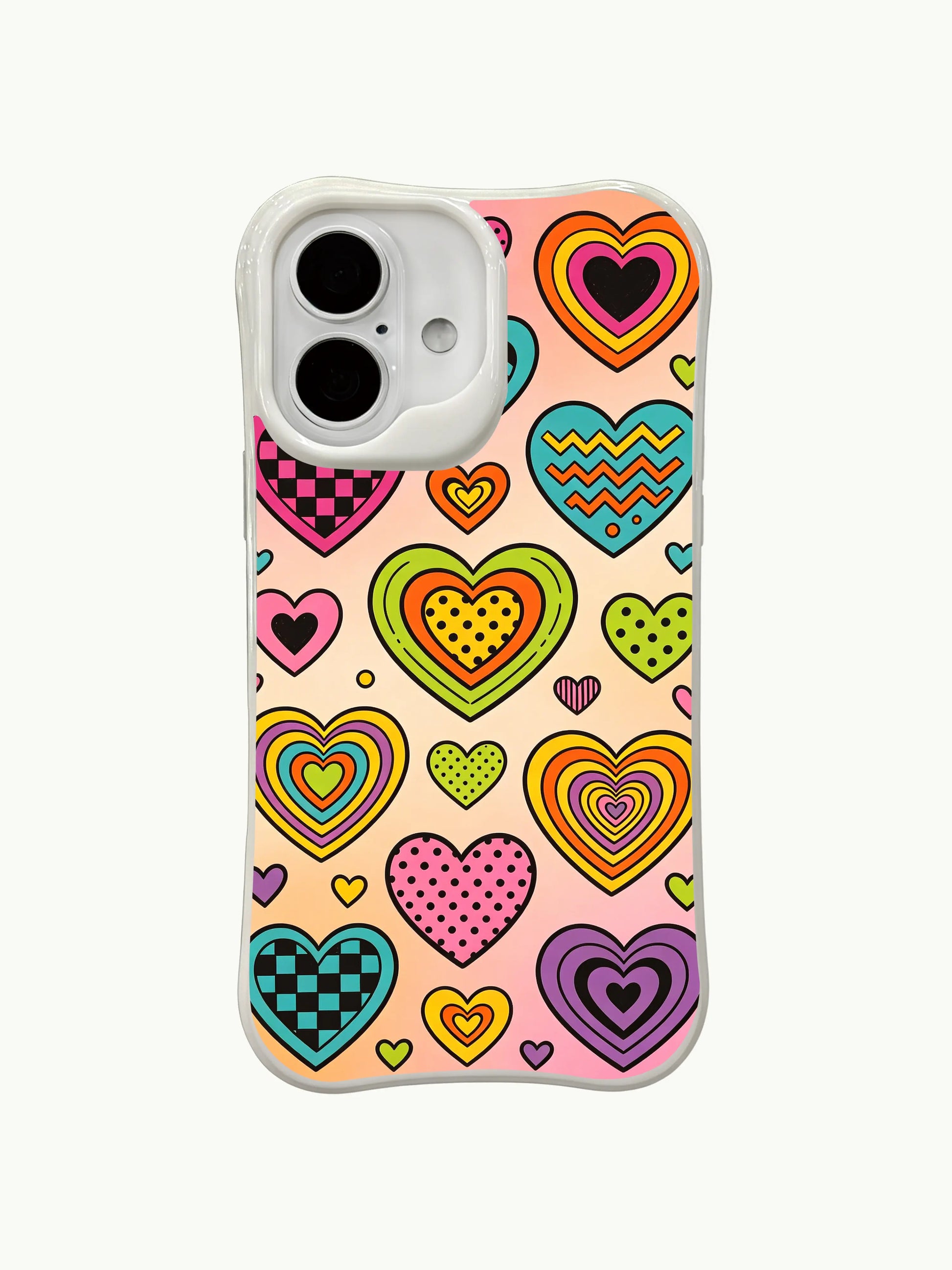 PhoneCasing bright retro checker hearts iPhone 16 plus case, scratch-resistant iphone 16 plus casing with long-lasting, vivid retro print.