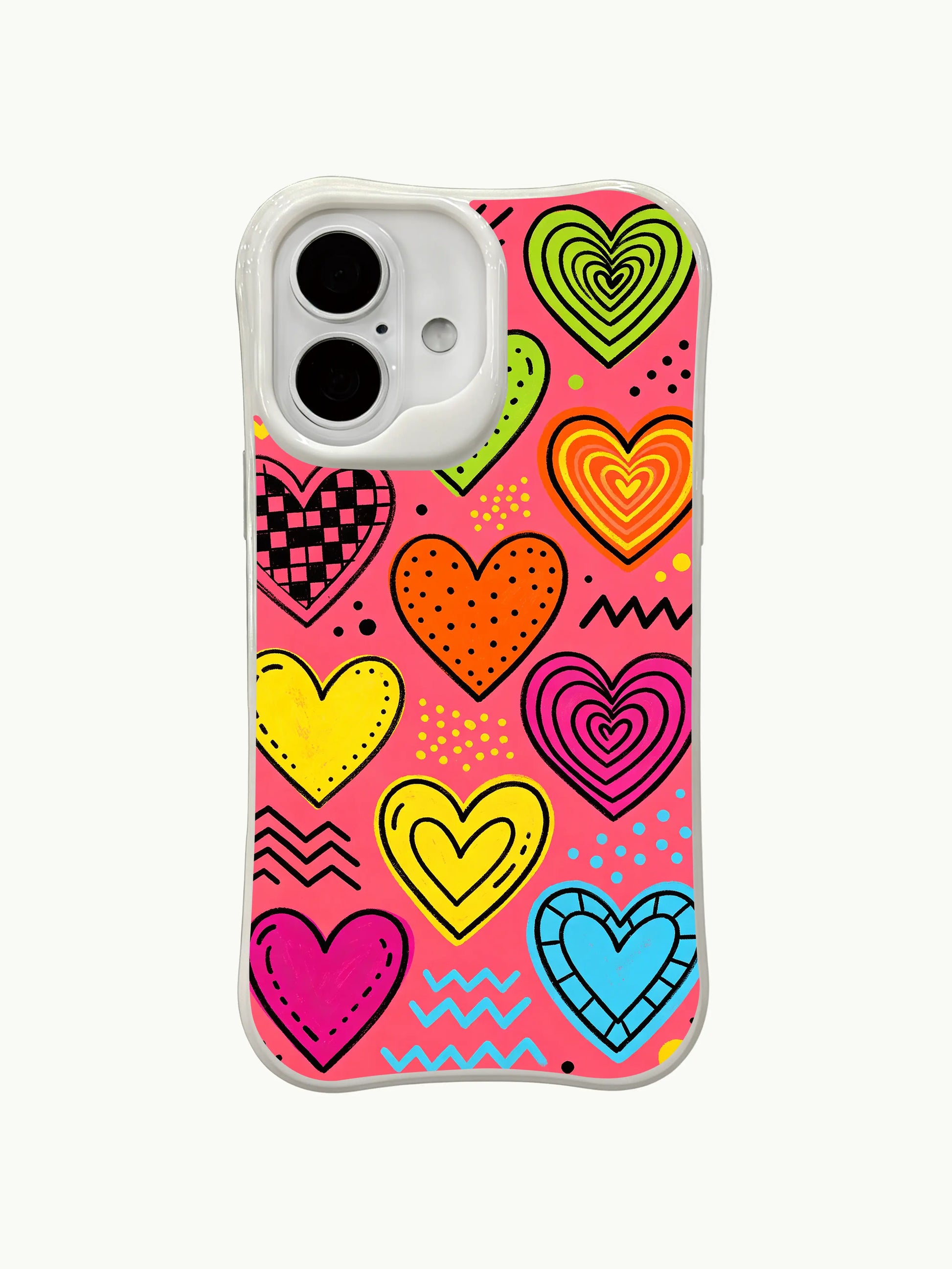 PhoneCasing Bright Retro Hearts Case for iPhone 16 Plus, a vibrant iPhone 16 plus casing with tropical colors and retro-inspired accents.