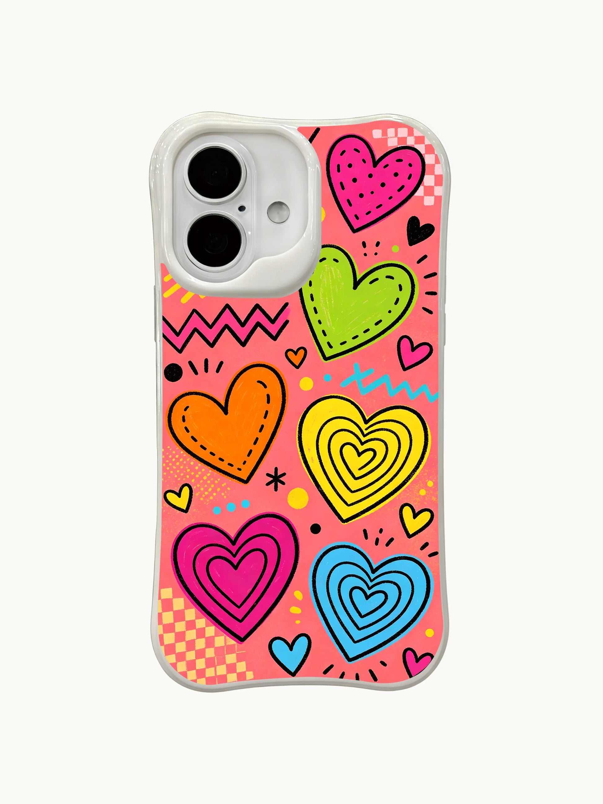 PhoneCasing Bright Tropical Rhythm Case for iPhone 16 Plus, a vibrant iPhone 16 plus casing with bold hearts and retro-inspired accents.