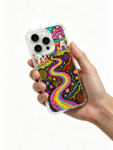 Wildflowers beside a mycelium road artwork on an iPhone 16 Pro Max case