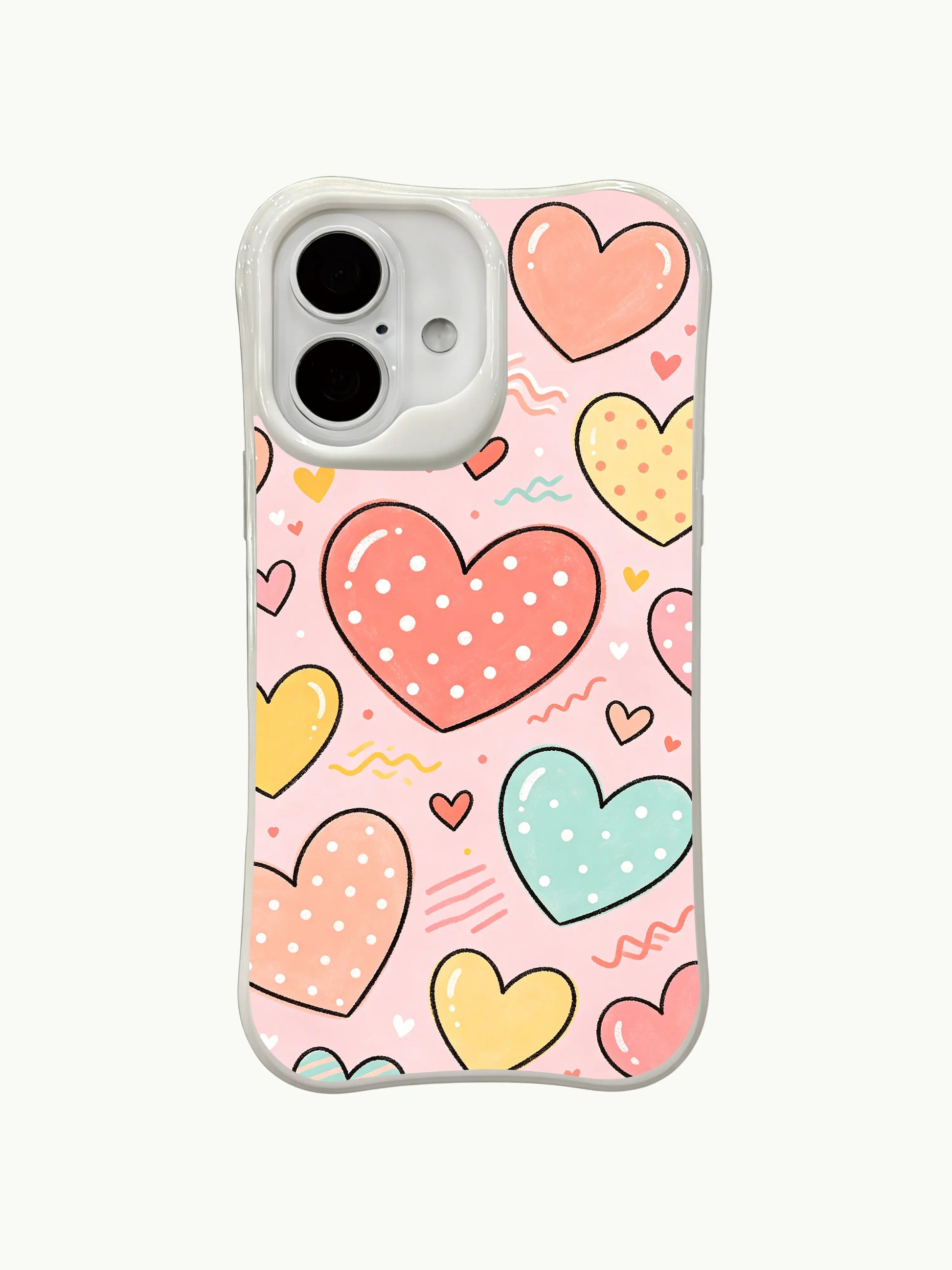 PhoneCasing Bubblegum Candy Hearts Case for iPhone 16 Plus, a sweet iPhone 16 plus casing with pastel hearts and pink background.