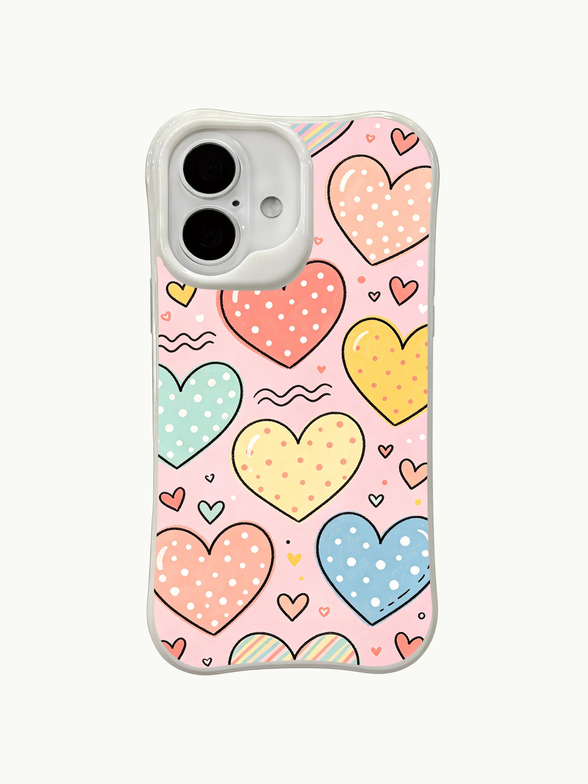 PhoneCasing Bubblegum Pastel Pattern Case for iPhone 16 Plus, a whimsical iPhone 16 plus casing with colorful hearts and polka dots.
