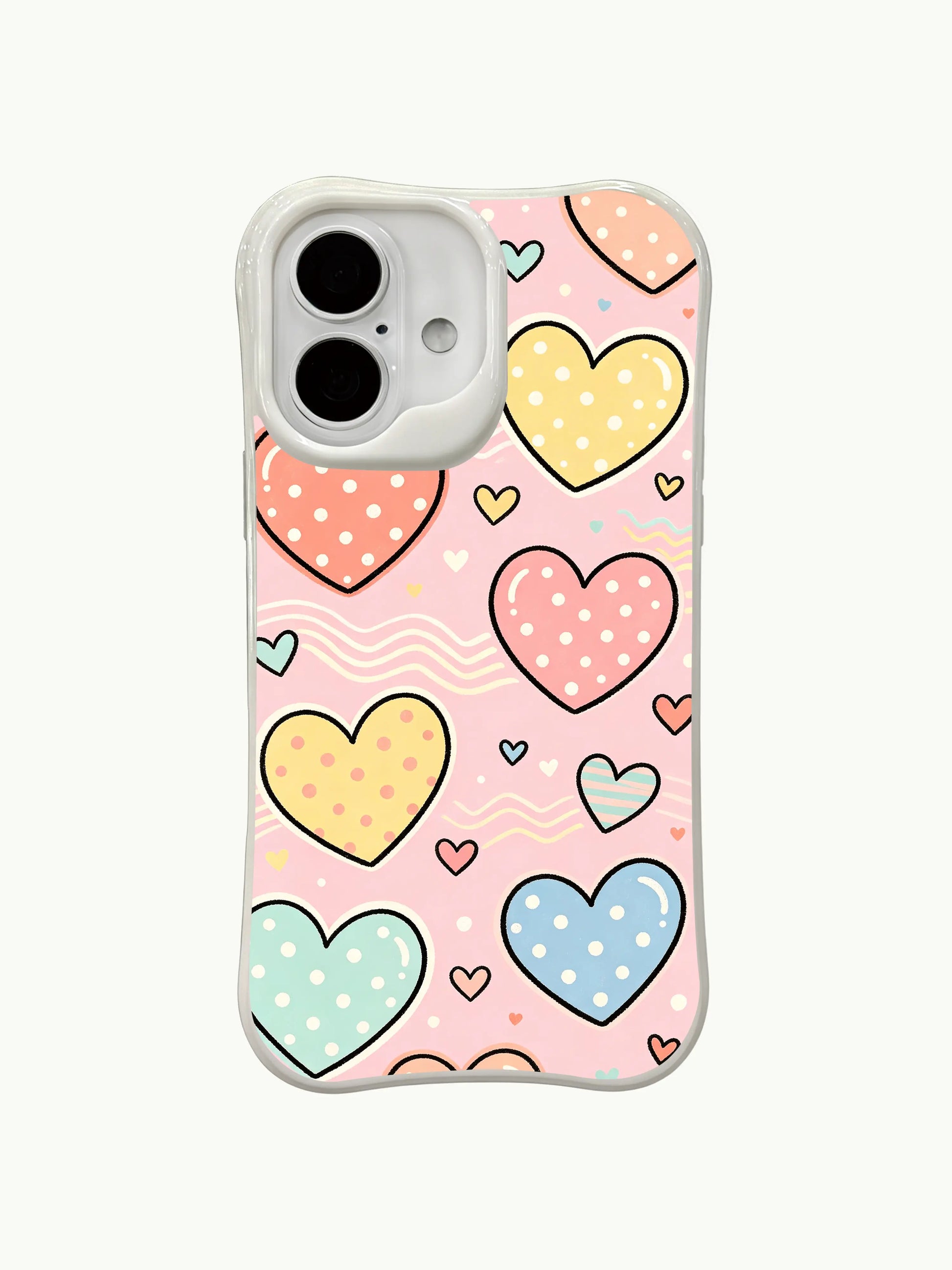 PhoneCasing Bubblegum Wish Pattern Case for iPhone 16 Plus, a whimsical iPhone 16 plus casing with polka-dot hearts and pink background.