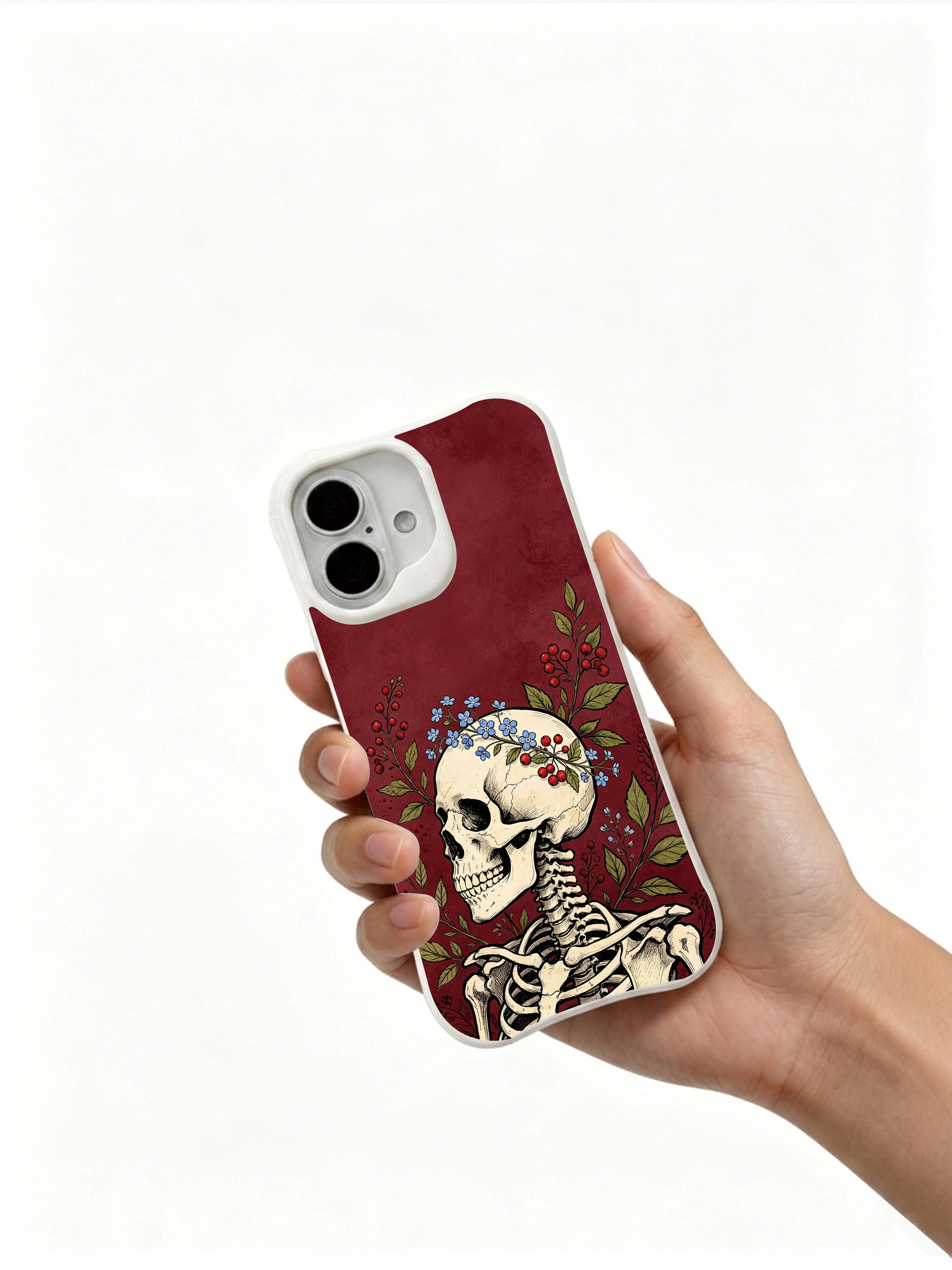 PhoneCasing vintage burgundy wash skull botanical crown iPhone 16 Case, limited-edition Morrigan Vale wearable art, MagSafe compatible slim scratch-proof iPhone 16 cover