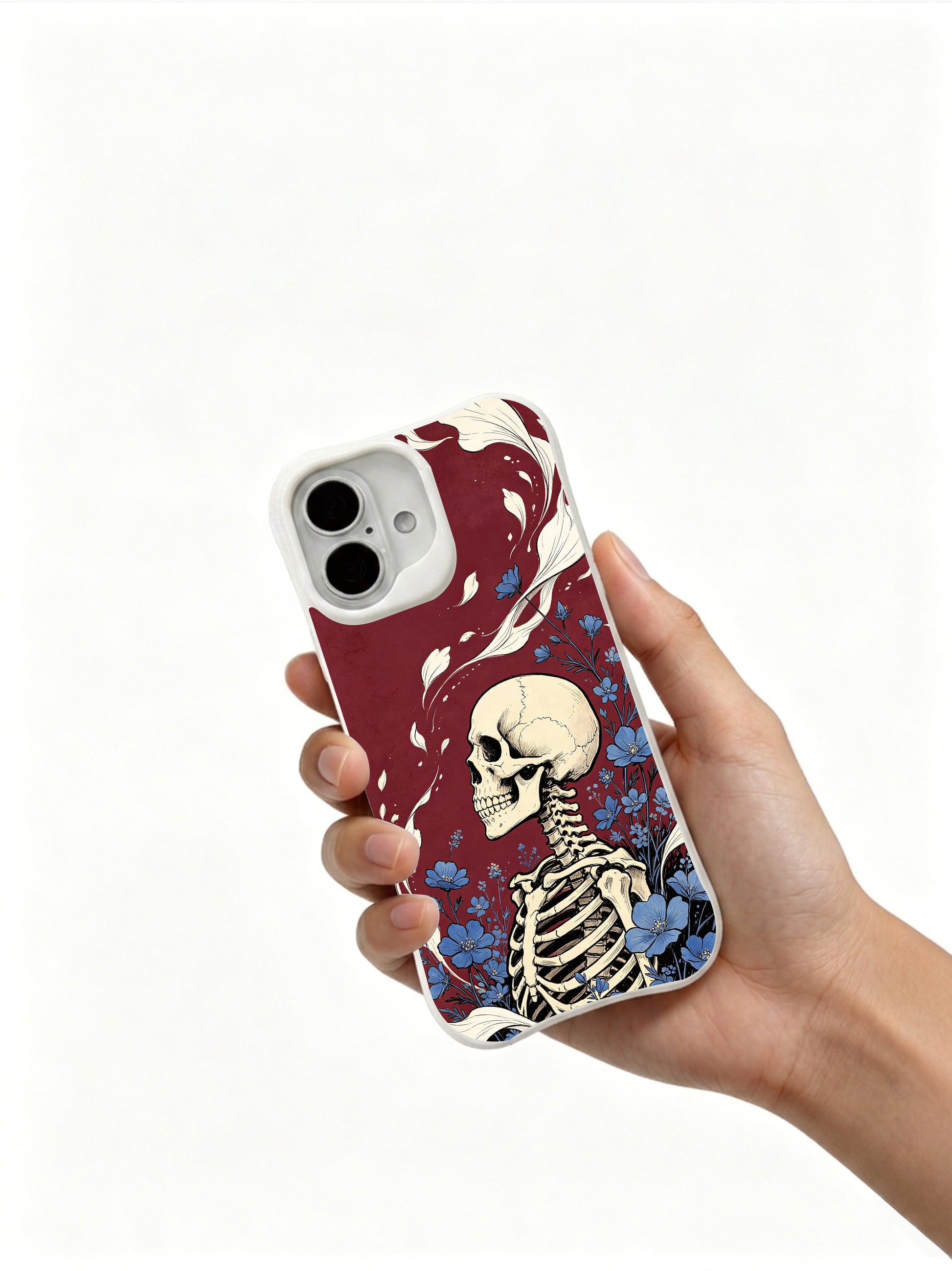 PhoneCasing vintage burgundy wash seaside skull floral iPhone 16 Case, limited-edition Morrigan Vale wearable art, MagSafe compatible slim scratch-proof iPhone 16 cover